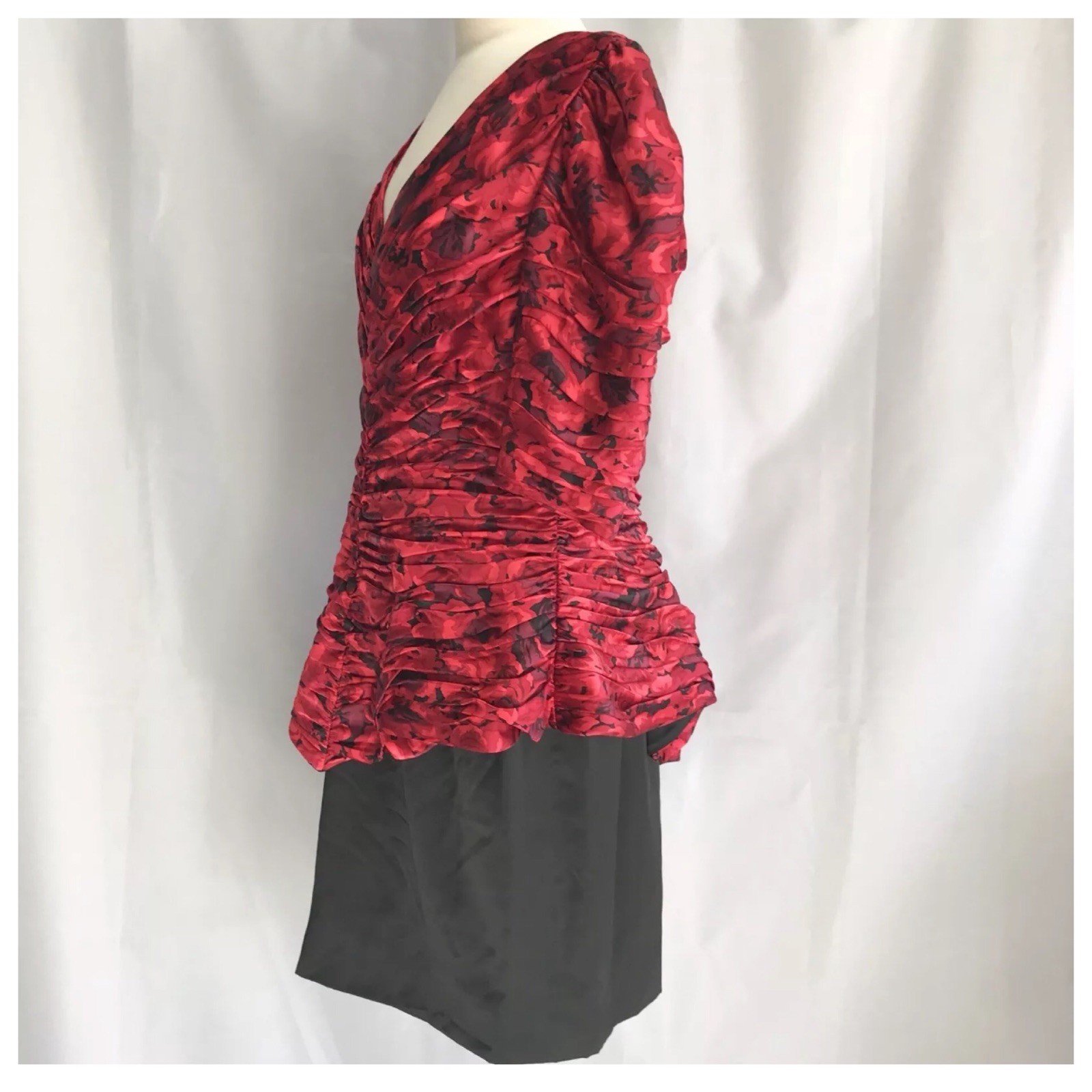Vtg Jarin 1980s by Ruben Panis Ruched Floral Popover Short Sleeve Dress 16