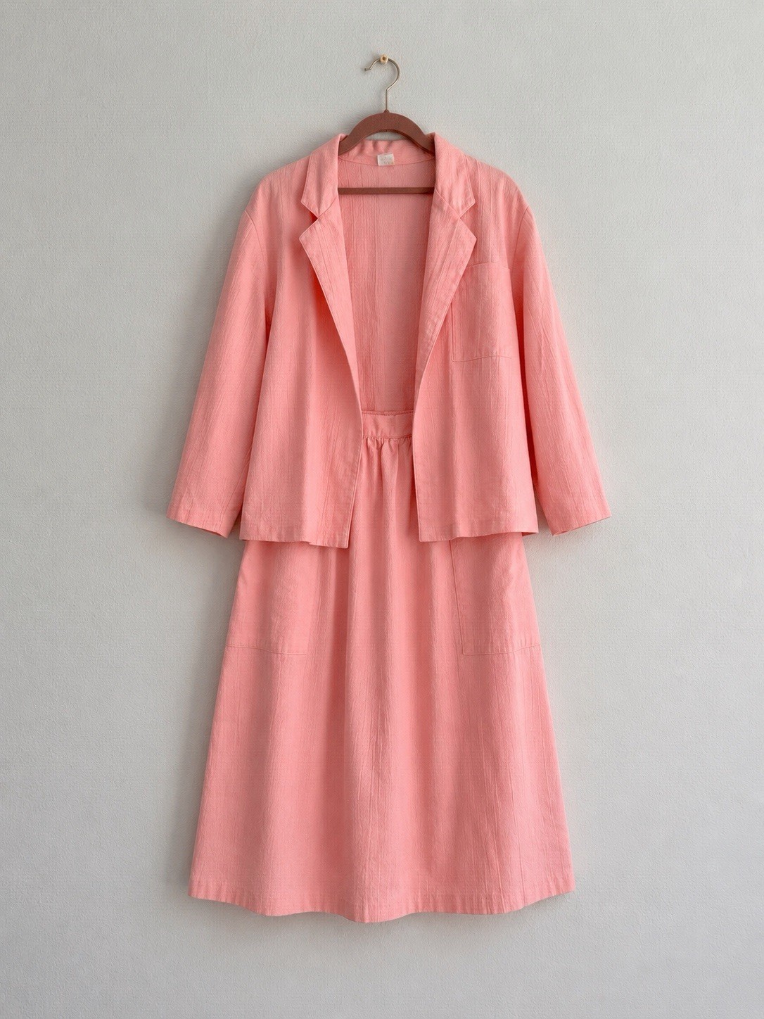 Vintage Pink Linen Blend Skirt Suit Set Women’s Jacket & Midi Skirt Size L