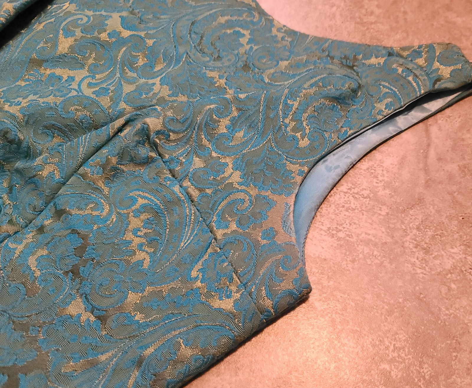 VTG 1960s Turquoise Blue & Gold Brocade Maxi Dress Women’s XS Bow Detail