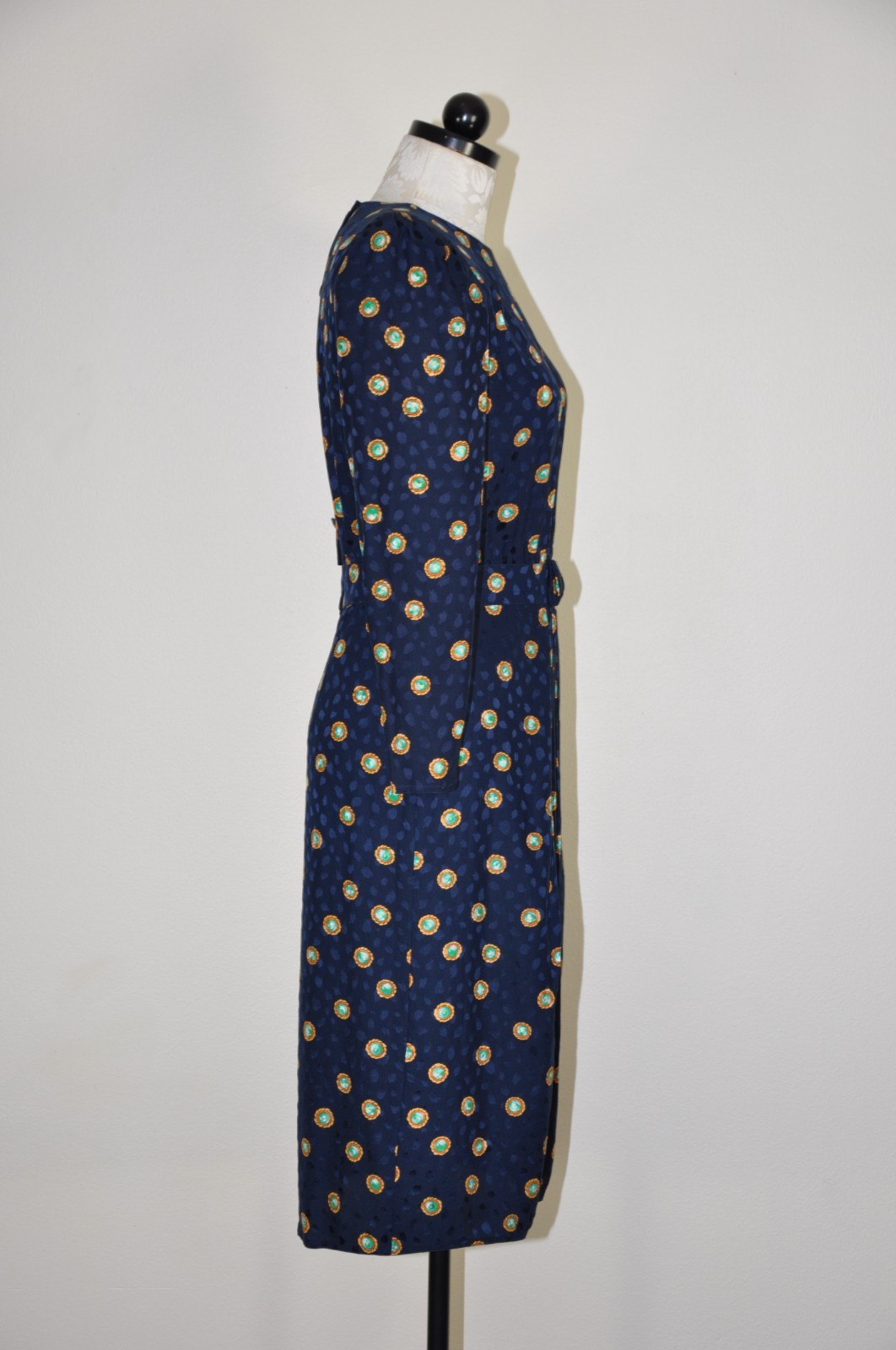 80s Vintage Navy Blue Silk Gemstone Print Puff Sleeve Back Buttons Dress Women S