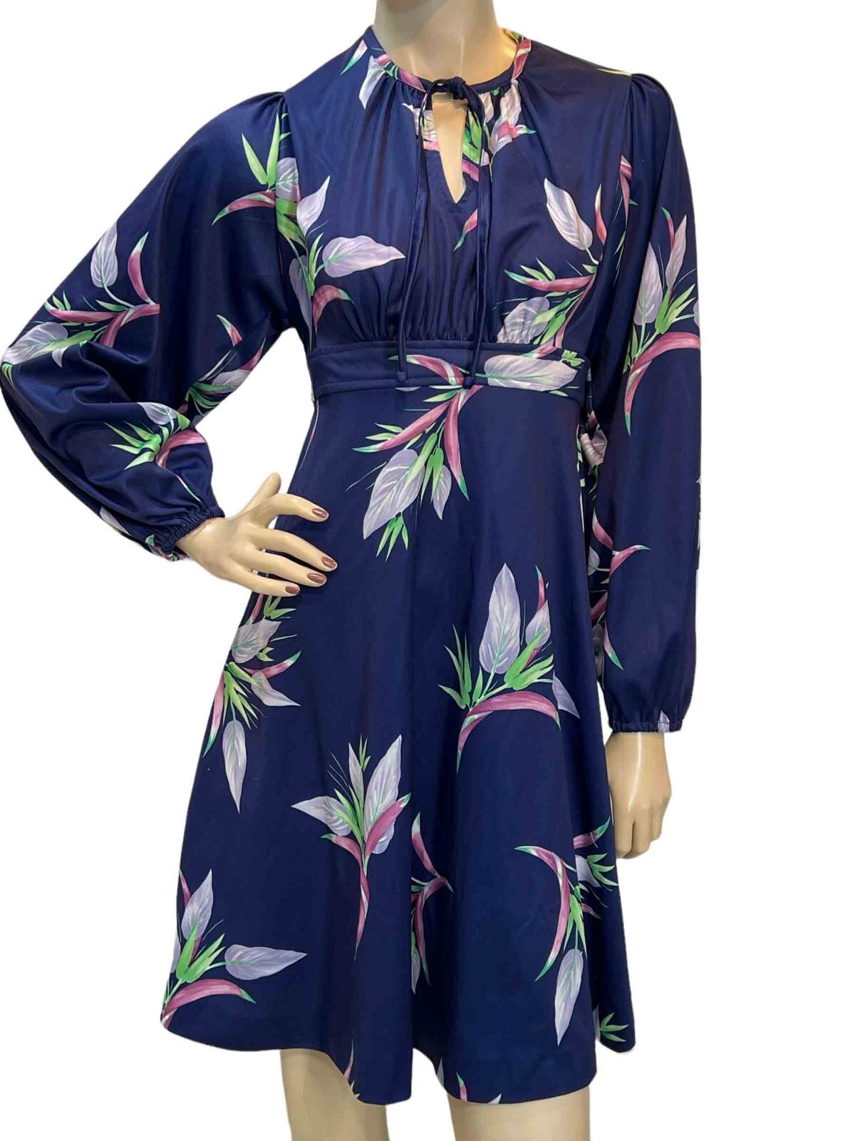EUC S~M Vtg 70s Dress Navy BLUE Floral Petals High Waist Wide Sleeve BOHO Knit
