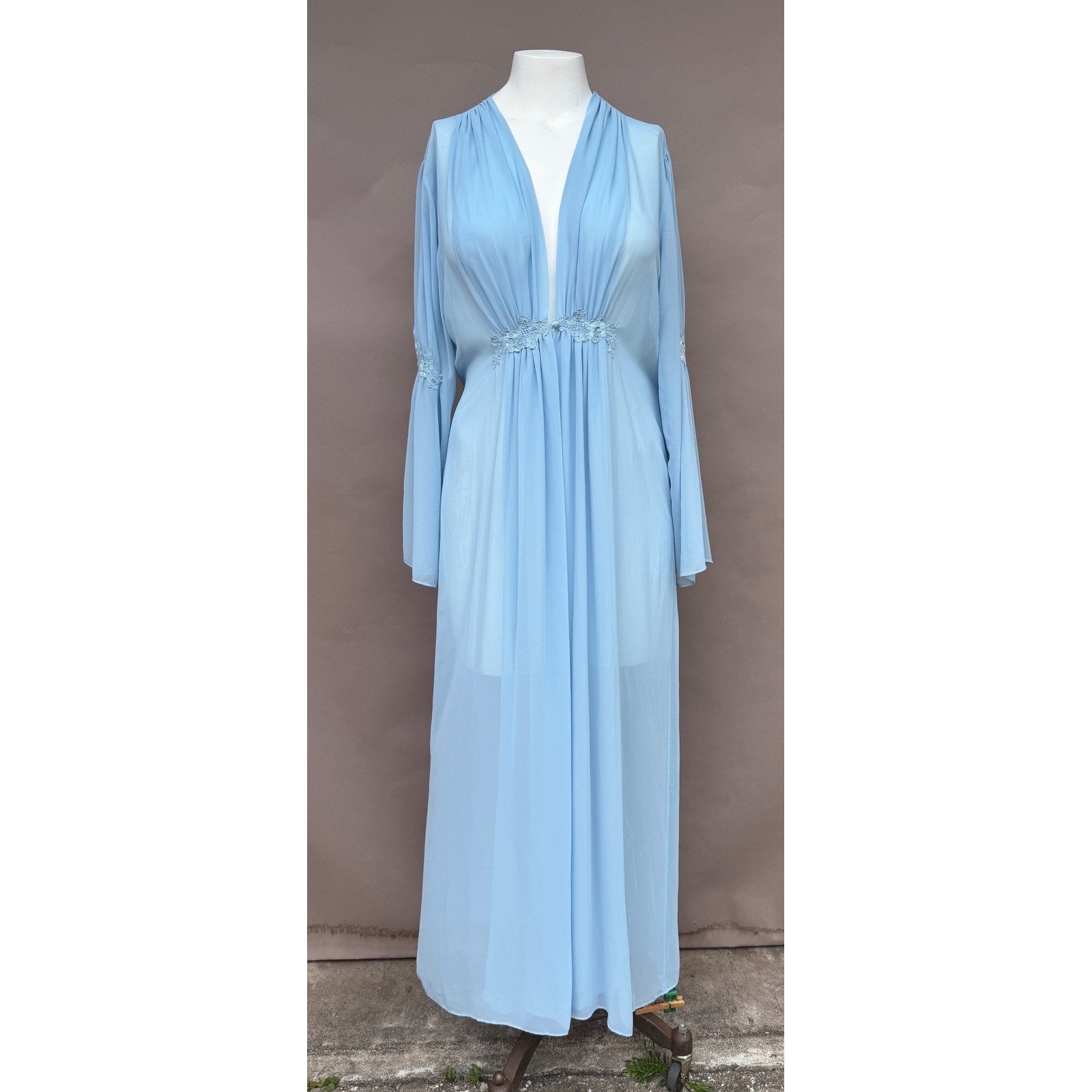 Vintage Blue Sheer Chiffon Maxi Robe Lace Bell Sleeve Button Hollywood Large
