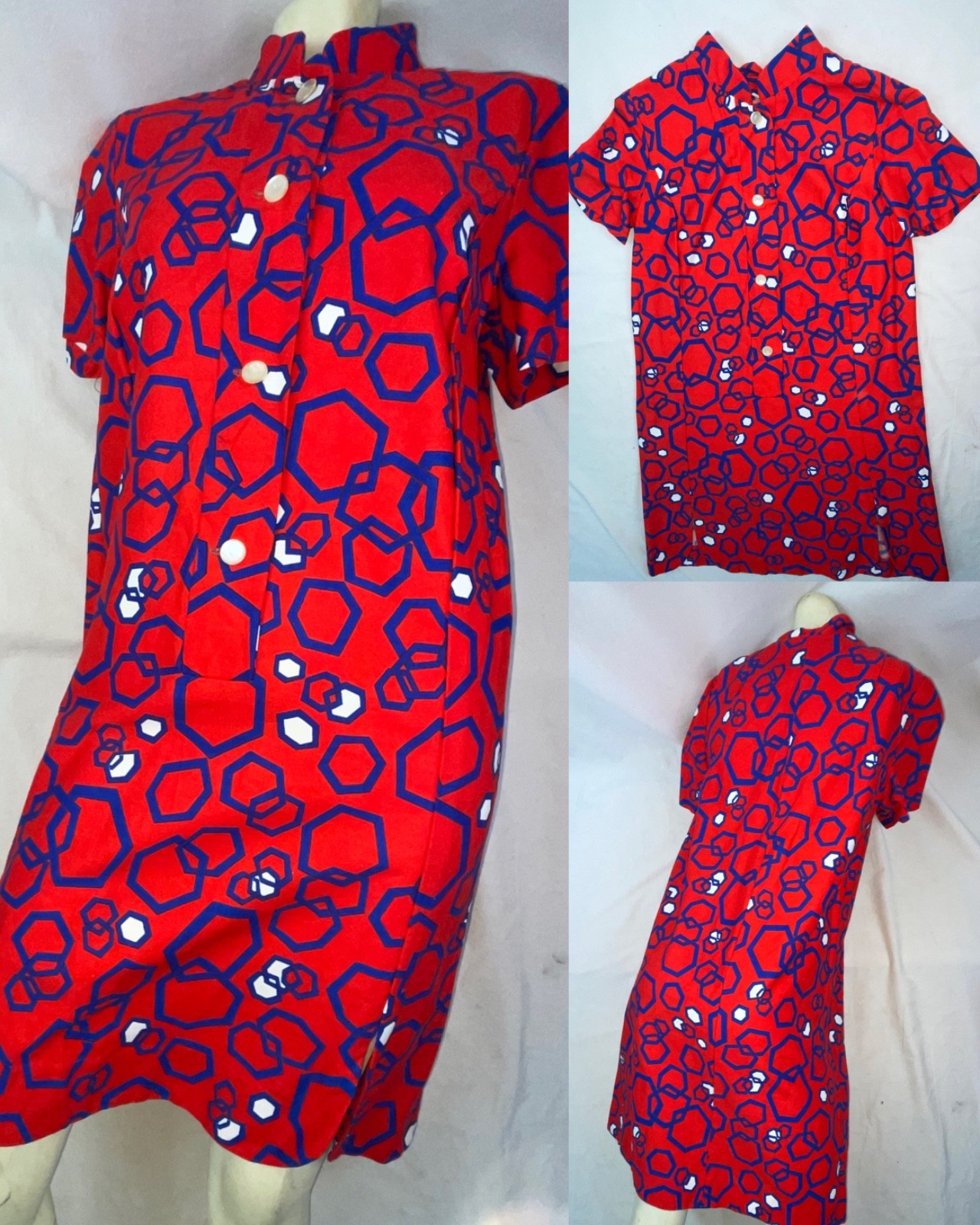 VTG 60S 70S WOMENS S RED BLUE WHITE GEOMETRIC PRINT DISCO MOD RETRO BUTTON DRESS