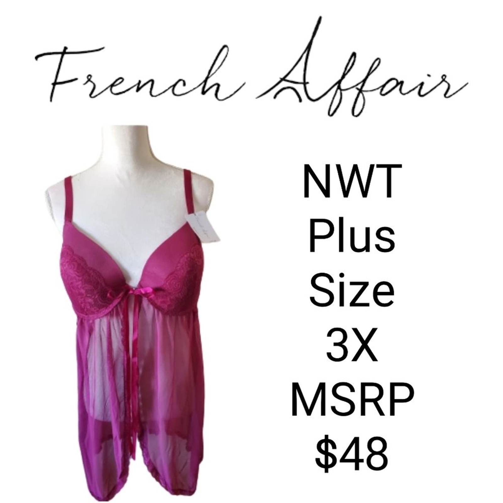 NWT French Affair Women’s Plus 3X Babydoll Set Lingerie Sheer Lace
