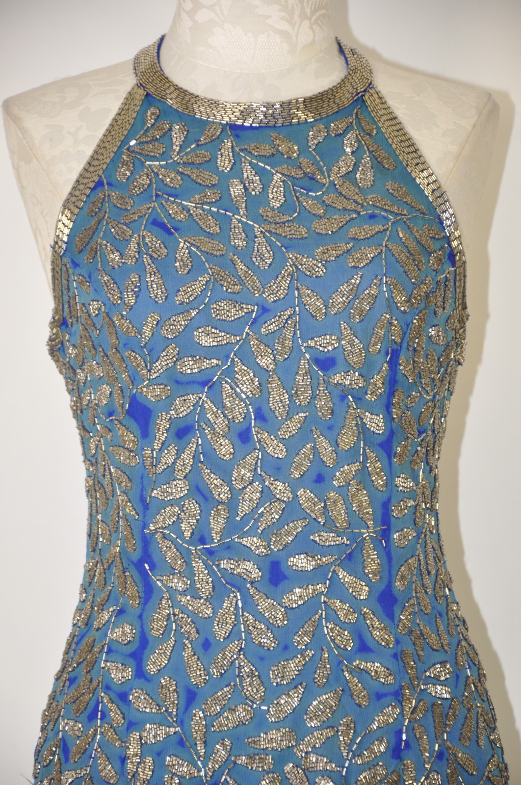 80s Vintage Blue Silk Silver Beaded Jeweled Leaves Backless Halter Mini Dress S