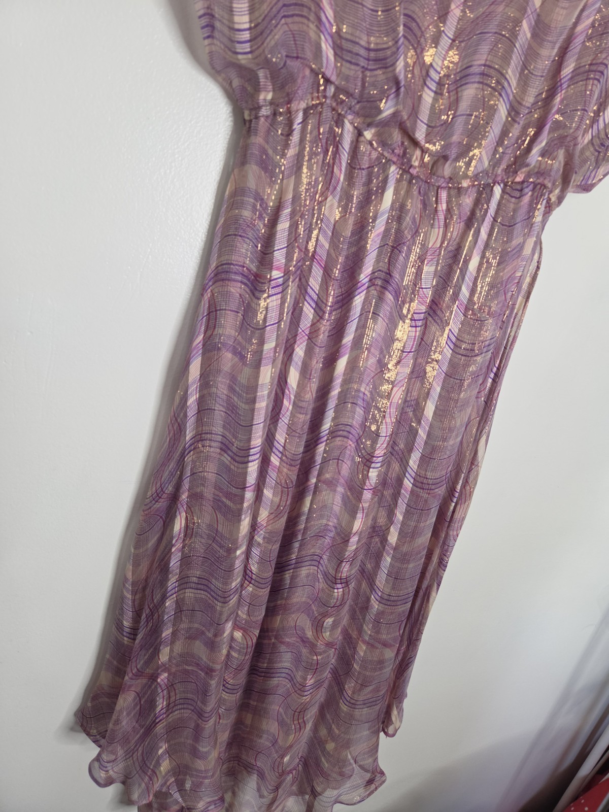Vintage The Silk Farm Icinoo 100% Silk Metallic Gold Lurex Purple Dress 10