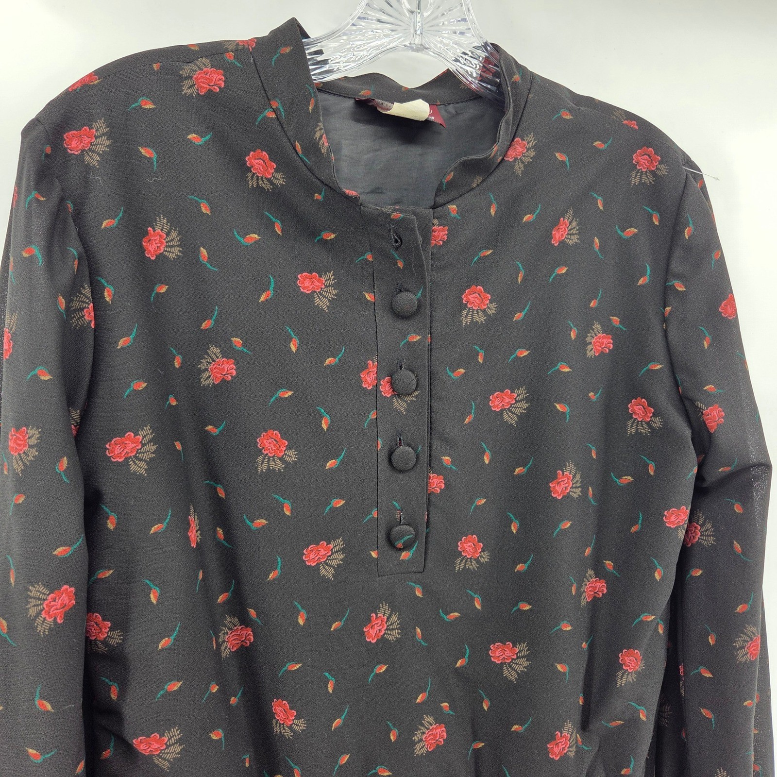 Sharon Dee Vintage Floral Midi Dress Medium Black Red Rose Goth Dark Romantic