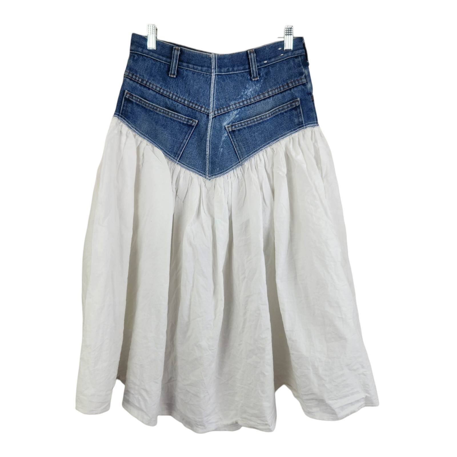 Vintage 70s Denim Short White Cotton Midi Skirt Small / 28″ Festival Boho Cntry