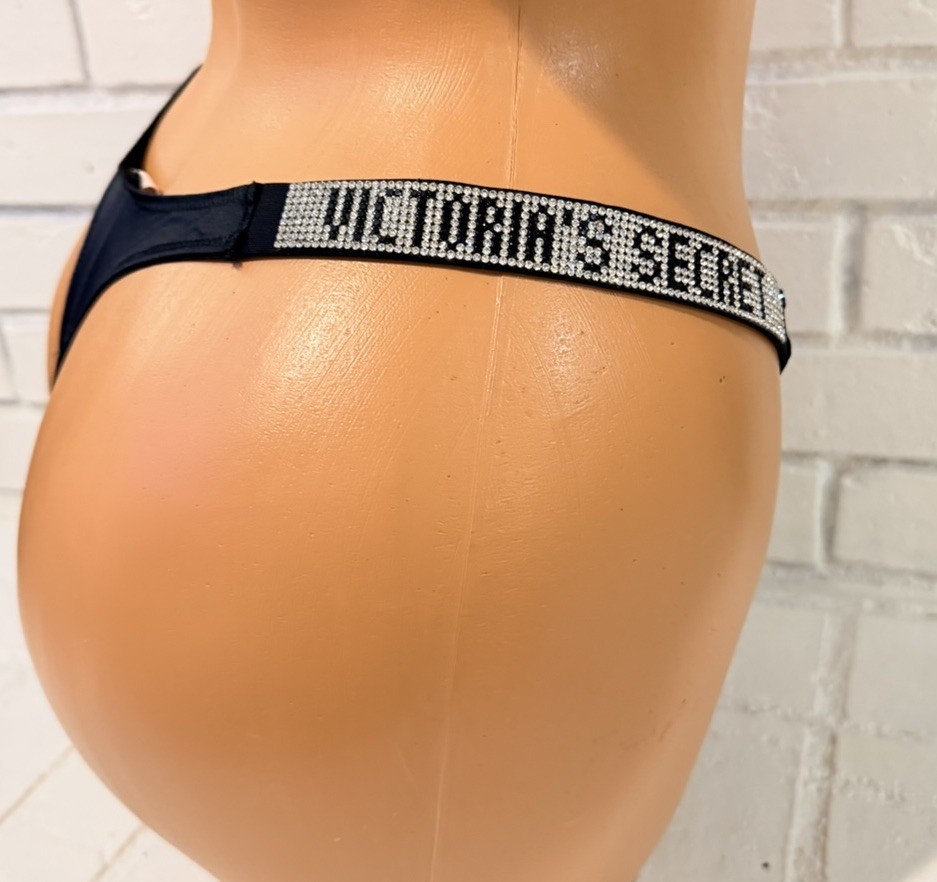 Victoria’s Secret Very Sexy V-String Thong Panty Black Satin Bling Logo Size M