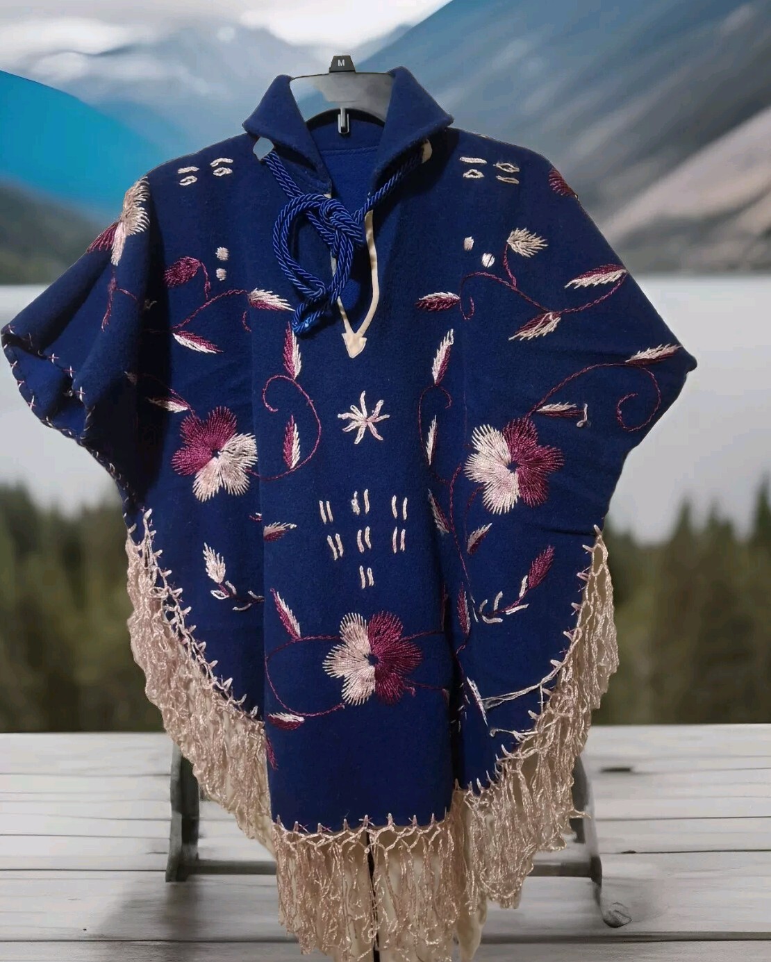 Indigo Floral Fringe Poncho Medium Vintage
