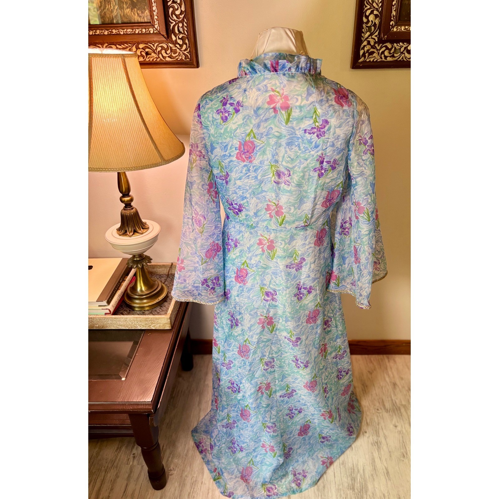 Vintage 60s Mad Men flower Dress Set, Sheer Layered Gown Bell Sleeve S/M