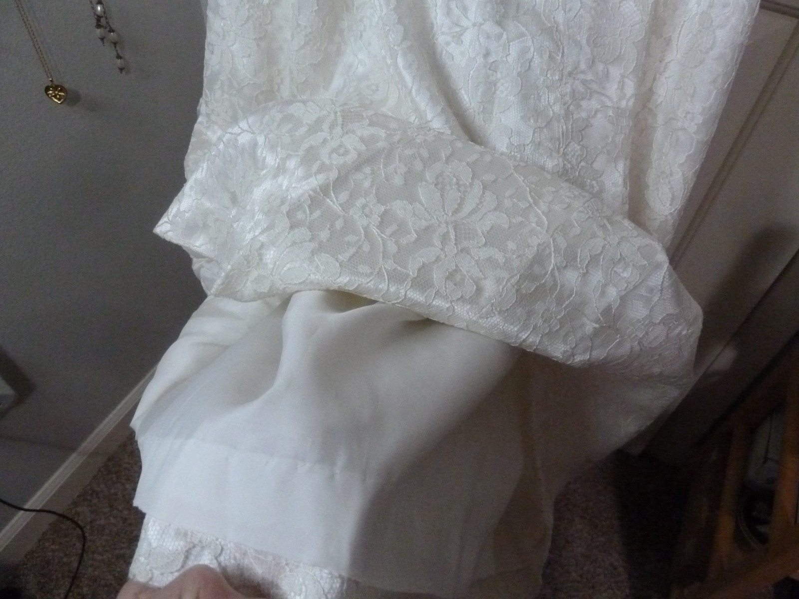 Vintage late 1960s White Satin & Lace Wedding Dress 26″ Empire waist Handmade