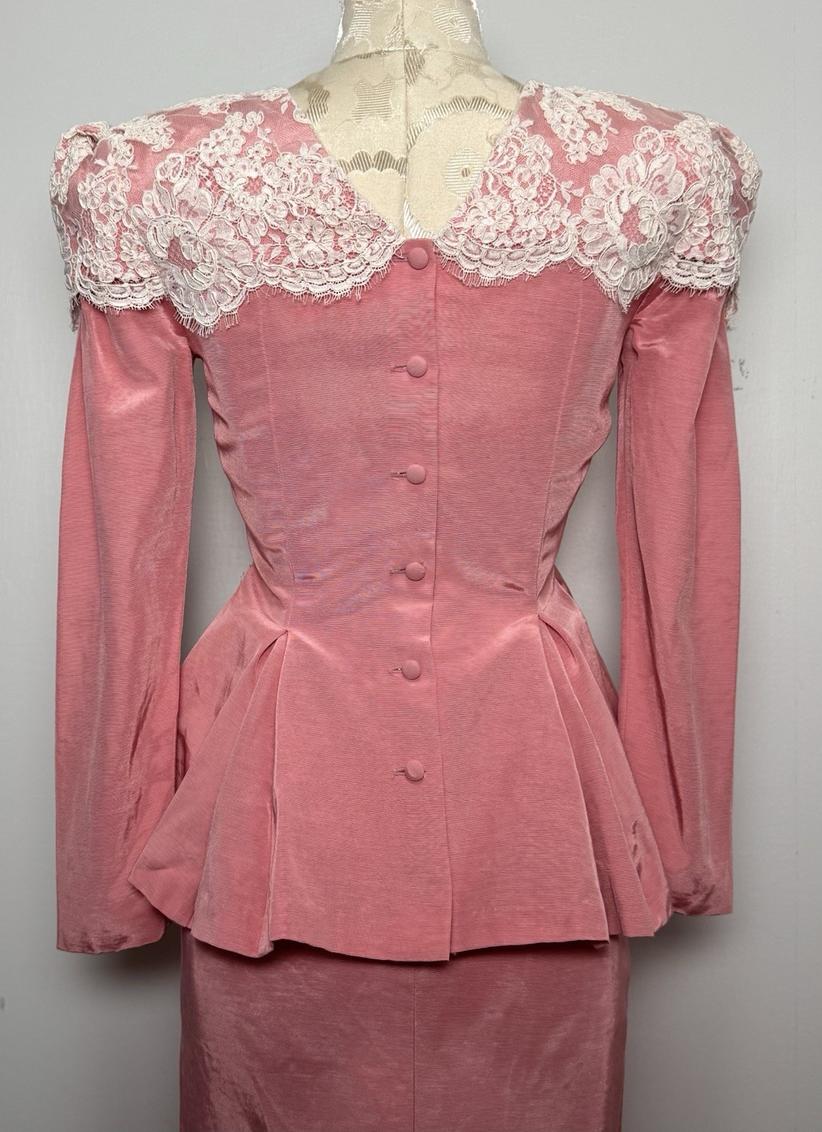 Vtg 80s Watters & Watters Pink Lace Pleated Peplum Maxi Skirt Formal Set XS/S