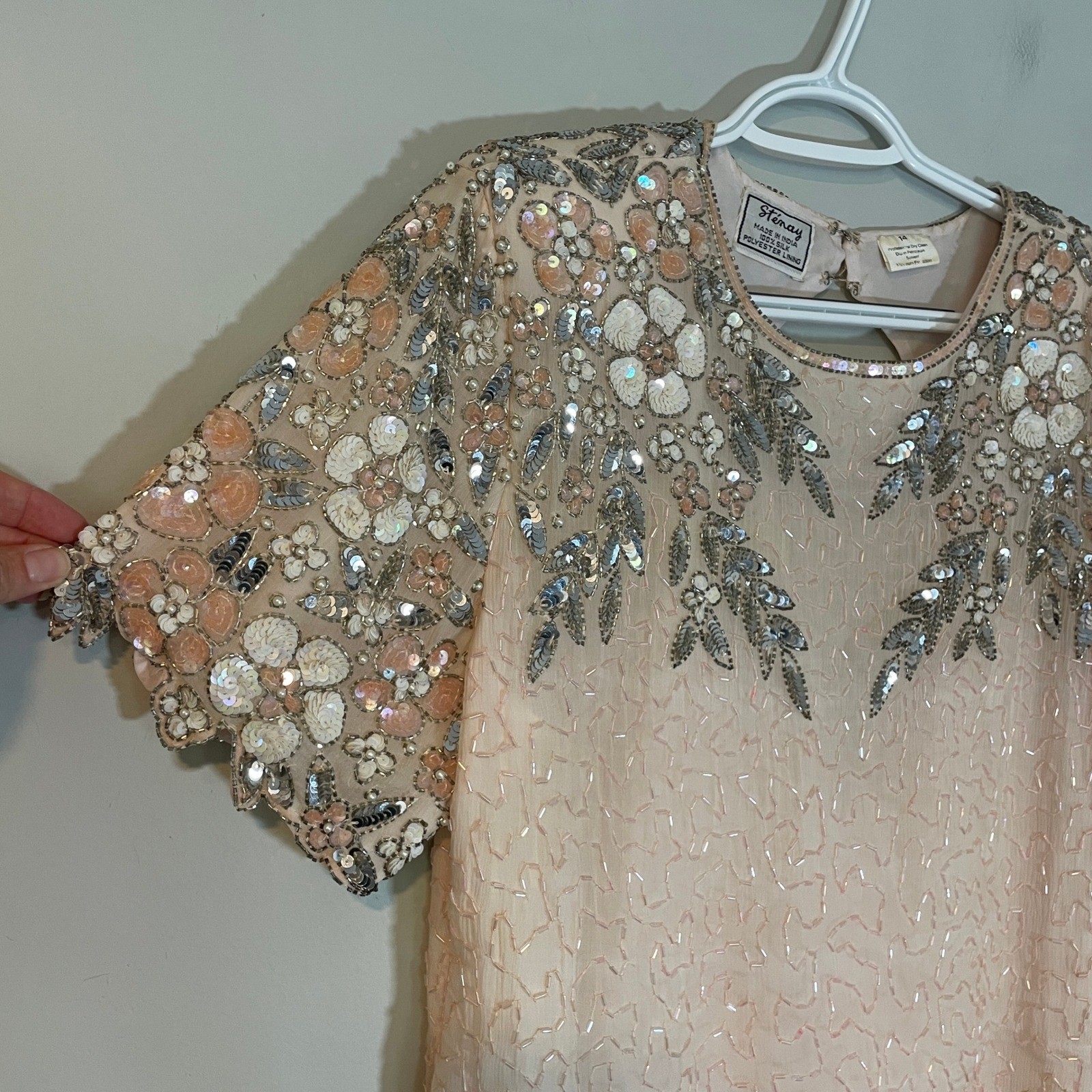 Stenay VTG Silk Beaded Sequin Dress LIght Pink Floral Keyhole Back Womens 14