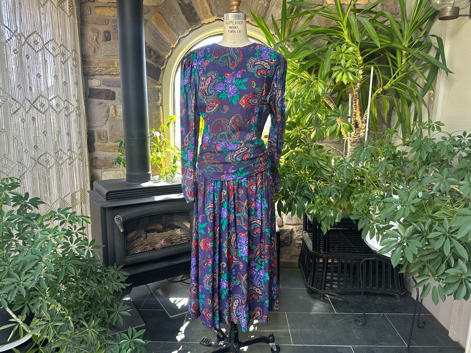 Vintage 1980s Purple Green and Red Paisley Rayon Dress Expo