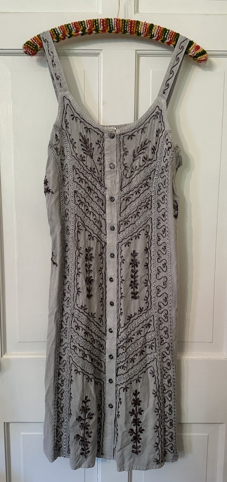 Boho Brown Embroidered Button Front Sundress Dress Whimsical Fairy Festival S