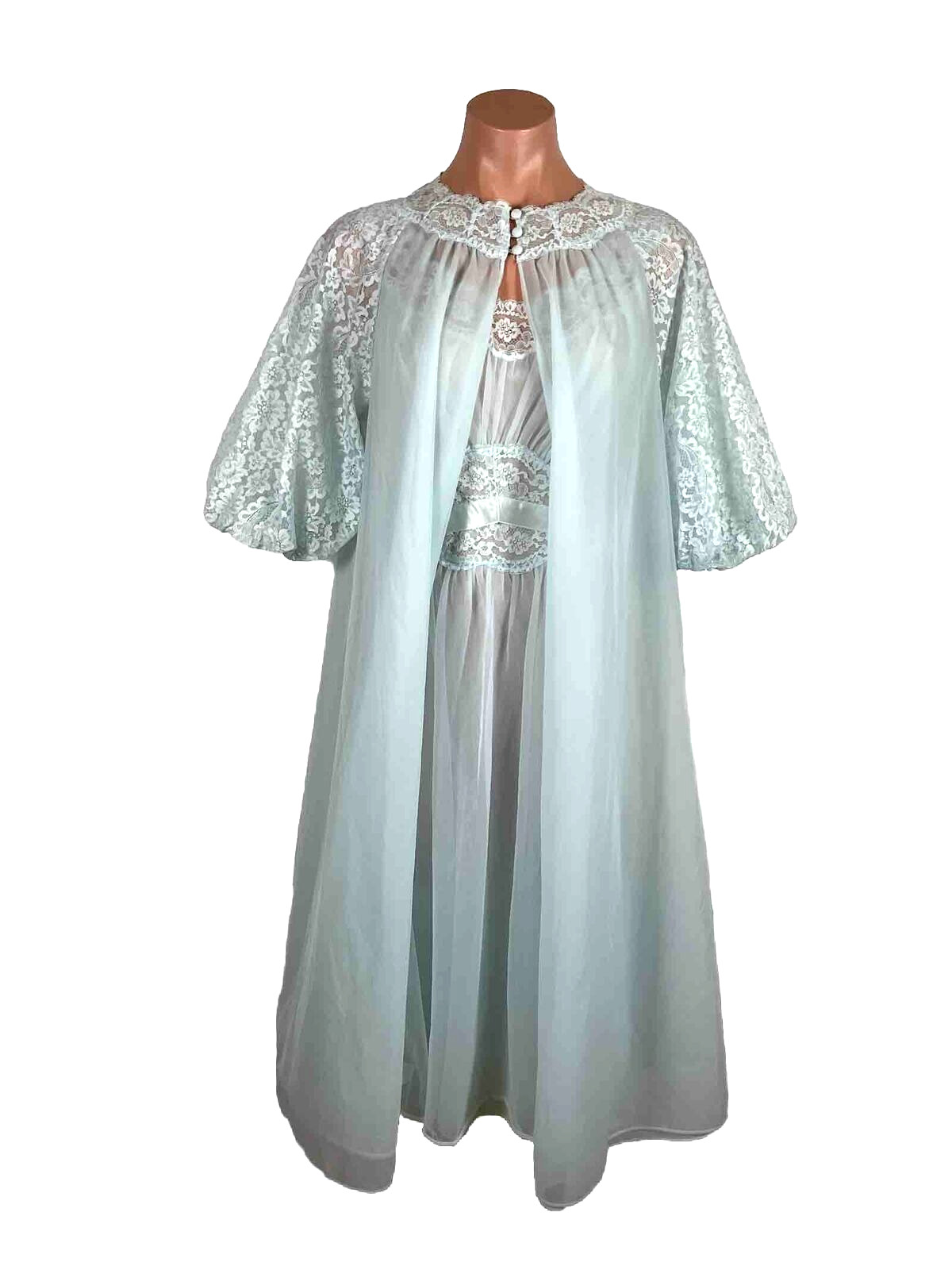 VTG PERMA PLEAT CHIFFON LACE 200″ SWEEP Peignoir ROBE Gown Cape 3pc Set RARE!!!