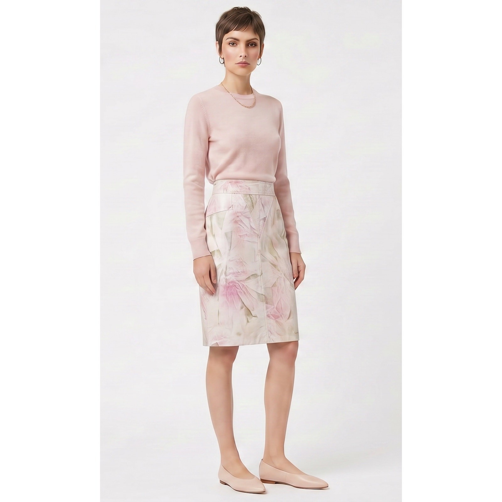 Vintage Y2K Elivan Leather Pencil Skirt Pink Ivory Abstract Floral EU 40 W28