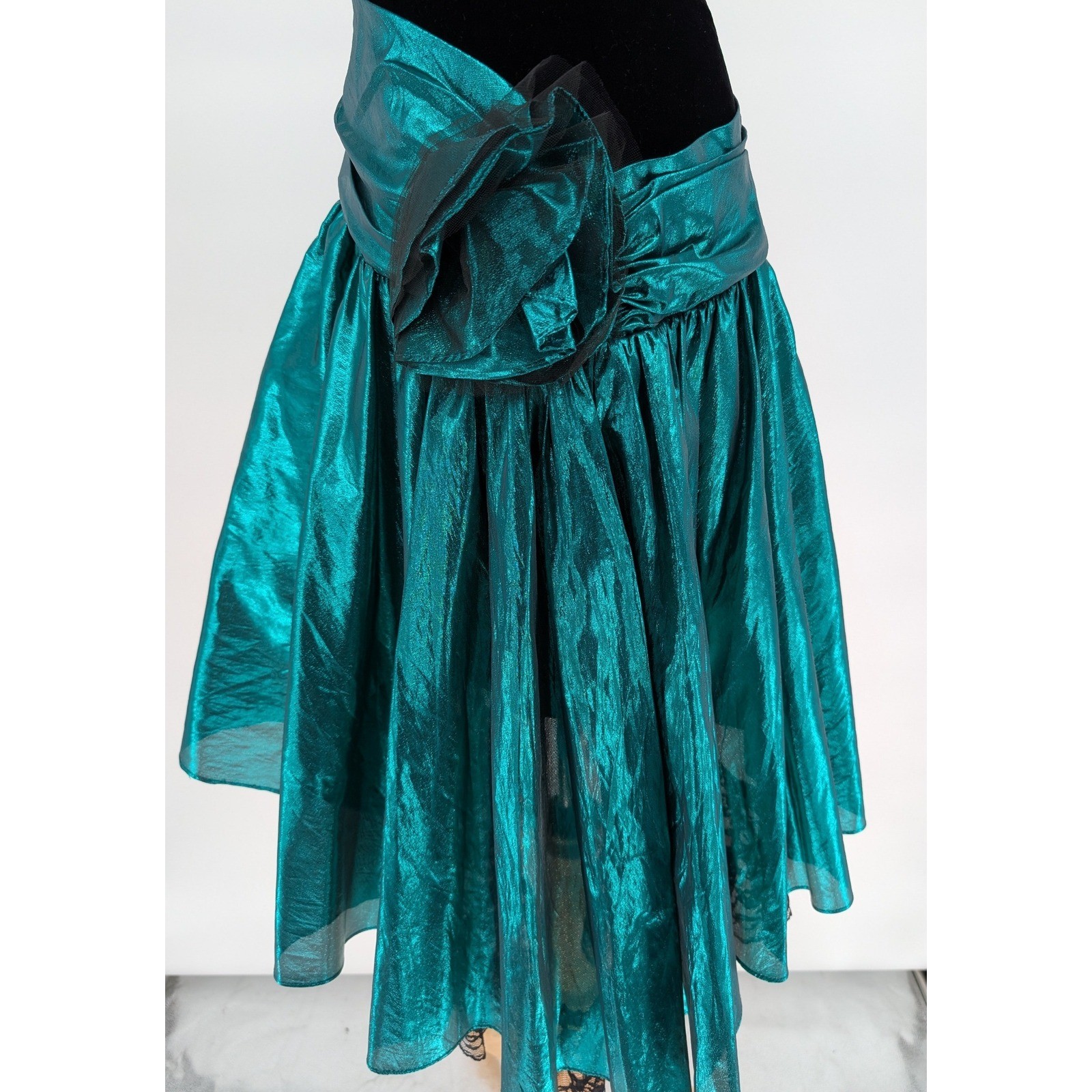 Vintage 80s Strapless Prom Dresses Teal Black Velvet Metallic Bow Glam Gowns