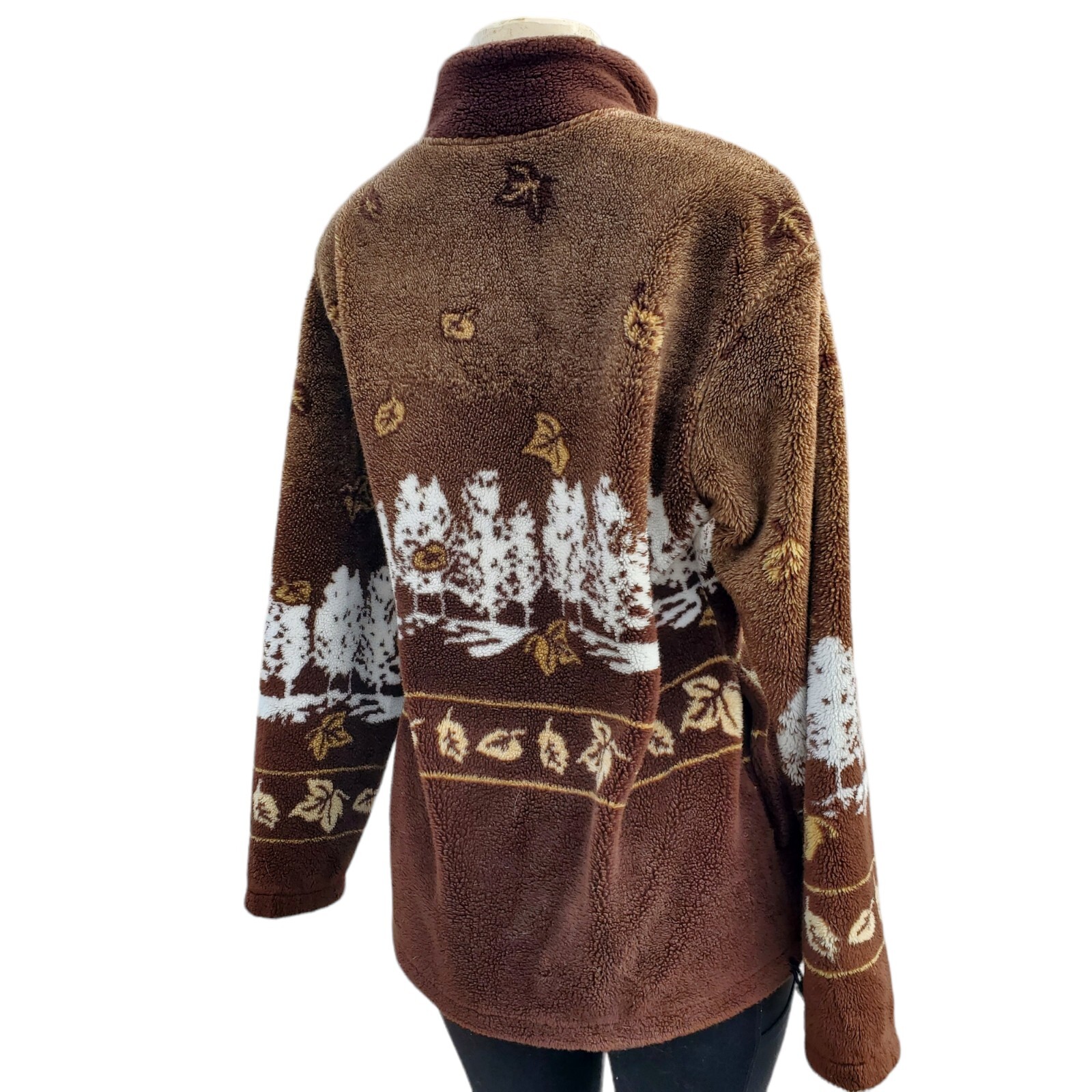 VTG 90s ART UNLIMITED Fleece Jacket AOP Autumn Graphic Brown Full-Zip Adult S