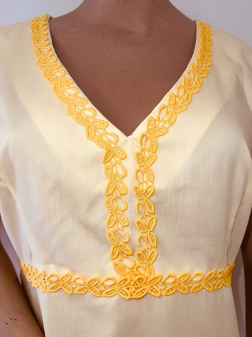 Vintage 70s Handmade Yellow Sleeveless Empire Waist Maxi Dress Crochet Trim S/M
