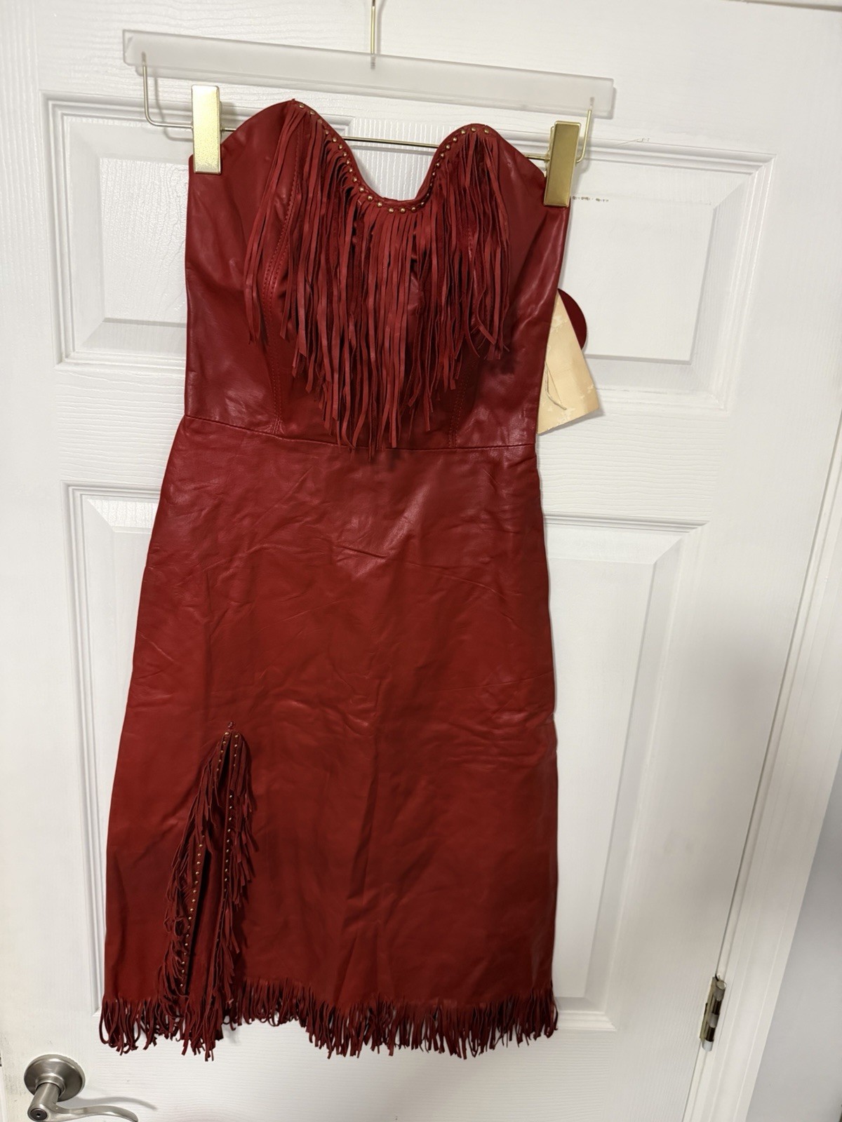 Vintage Red Genuine Leather Fringe Strapless Dress Western Cowgirl Boho