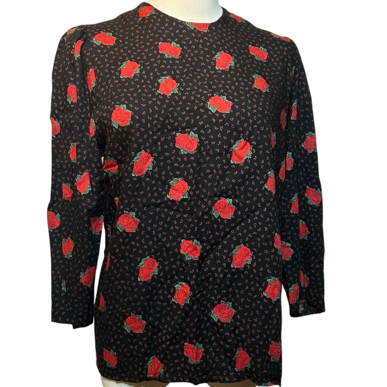 VTG Ms Interpret Black Red Rose Polka Dot Rayon Blouse 12 Whimsygoth Grunge Goth