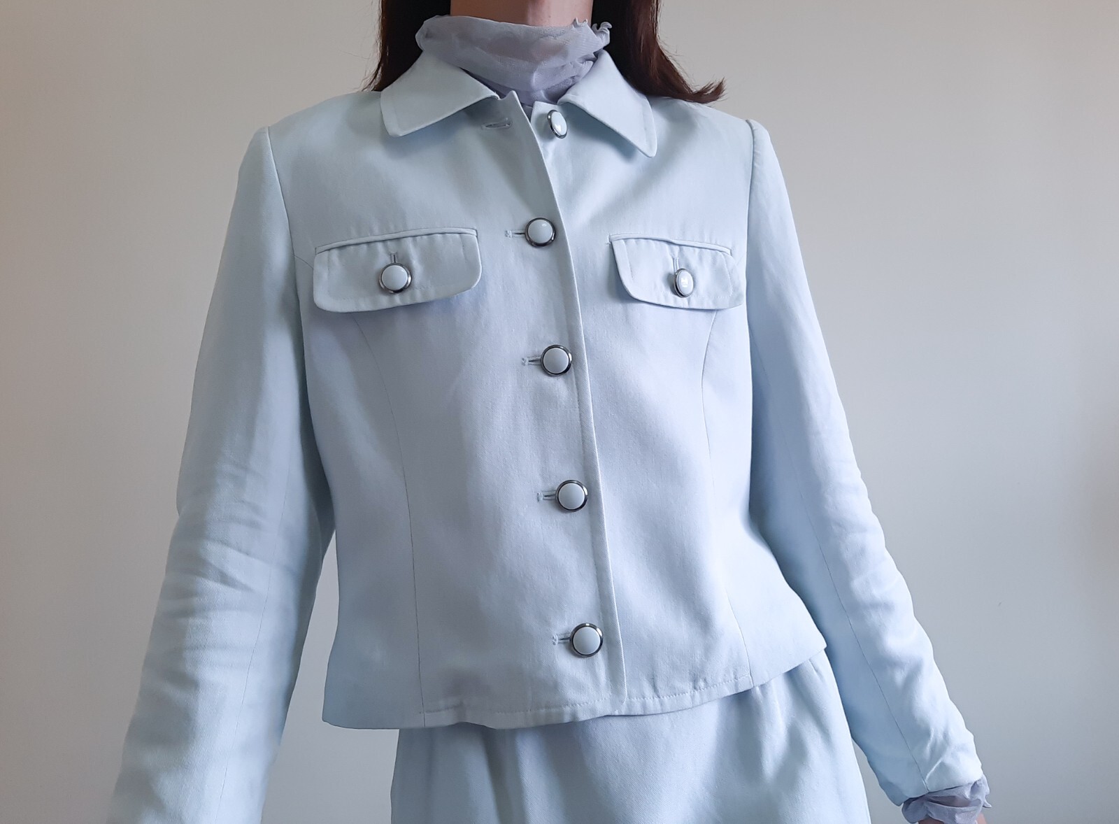 COURREGES 2 piece set Blue pastel jacket and skirt Womens Size S jacket skirt