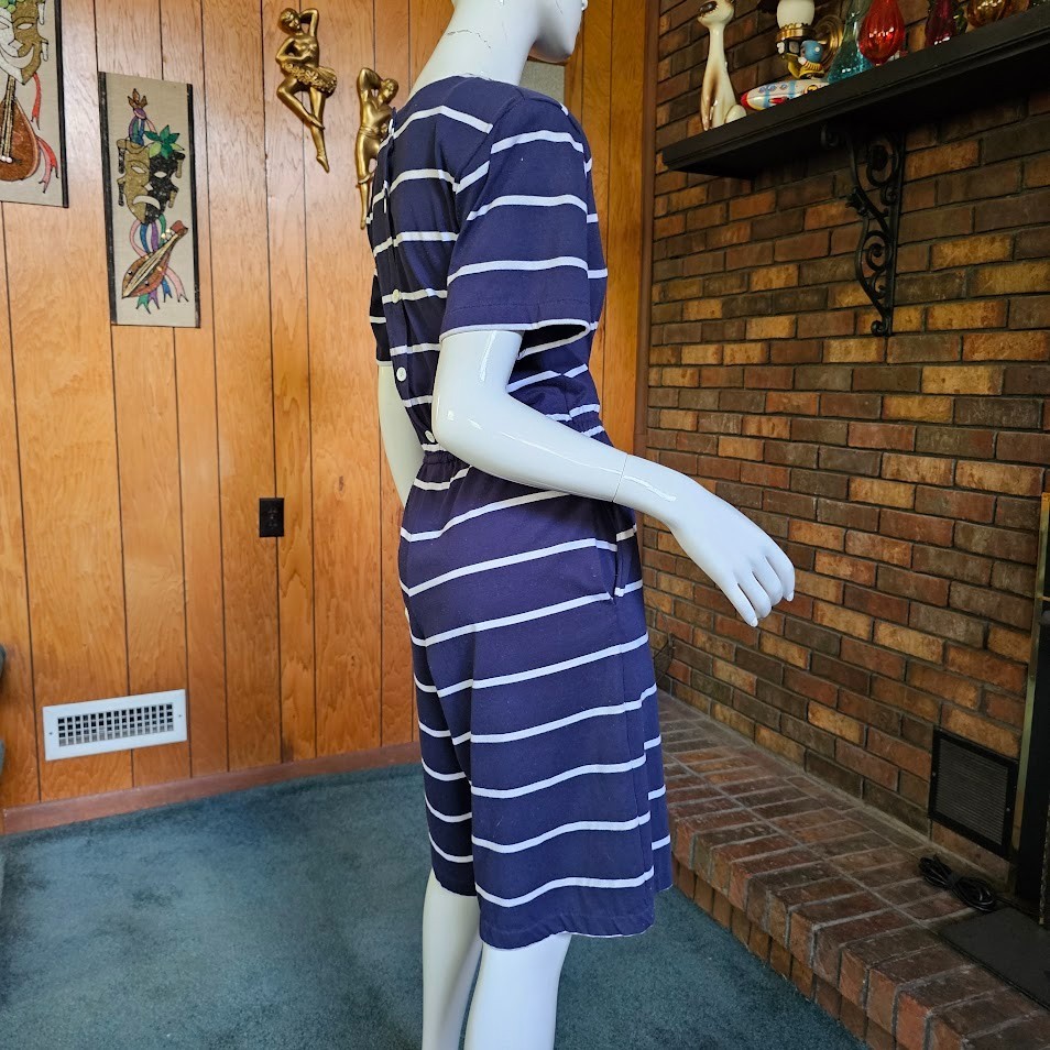 Vtg 90s Preppy Momcore Stripe Navy Playsuit Shorts Mini Dress T-Shirt Romper S/M