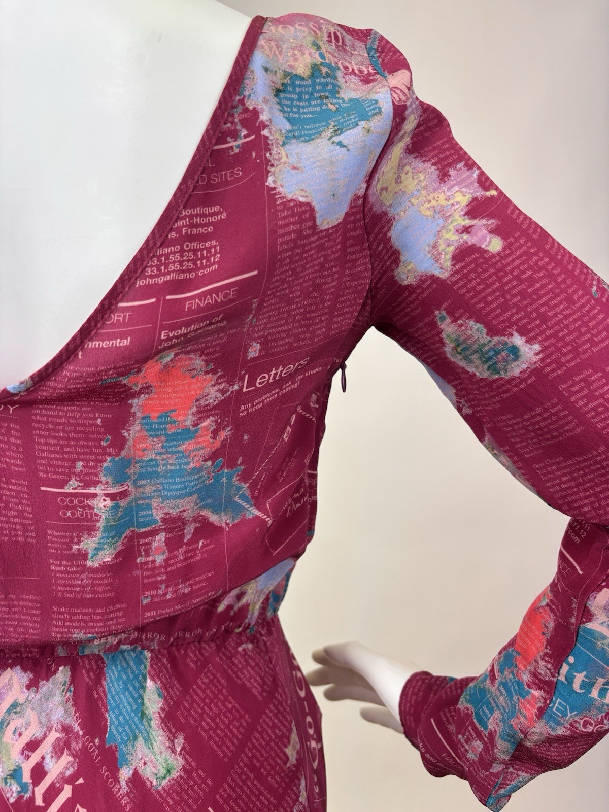 Vintage Rare Galliano Pink and Blue Newsprint Long sleeve Dress Sheer 100% Silk