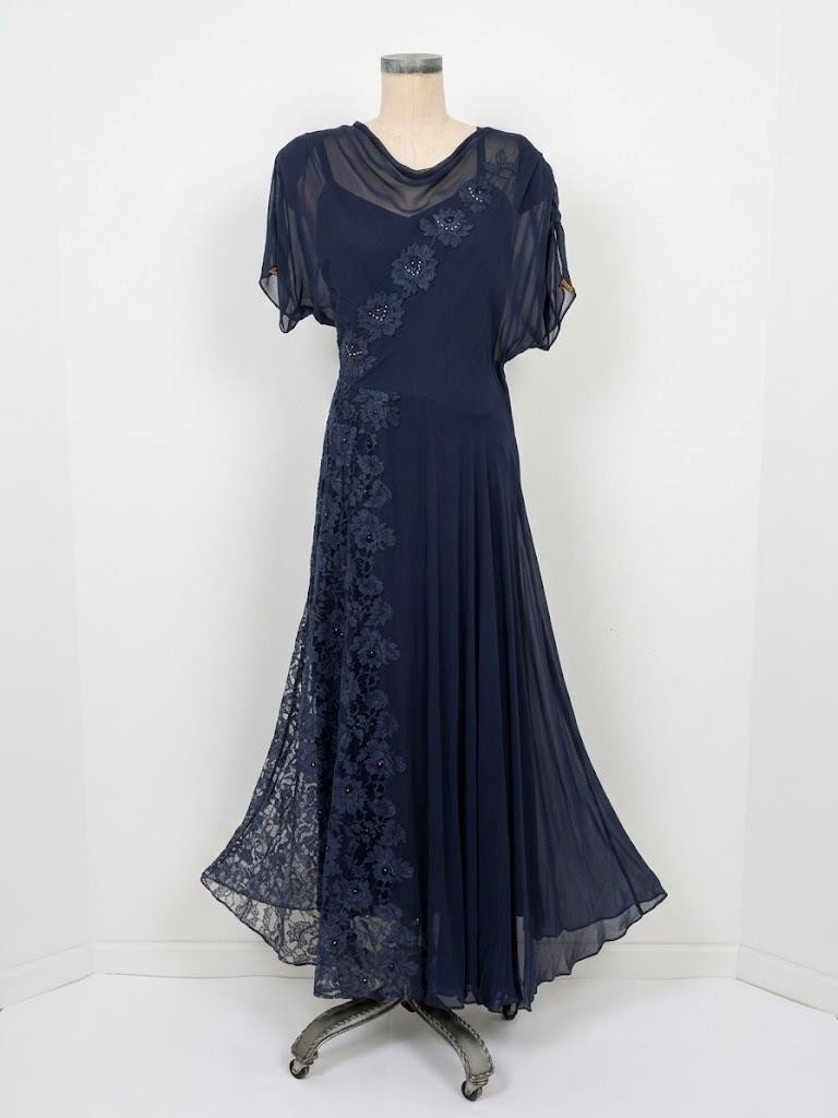 Vintage 50s Navy Blue Lace Chiffon Long Formal Dress & Slip Rhinestones 41″ bust