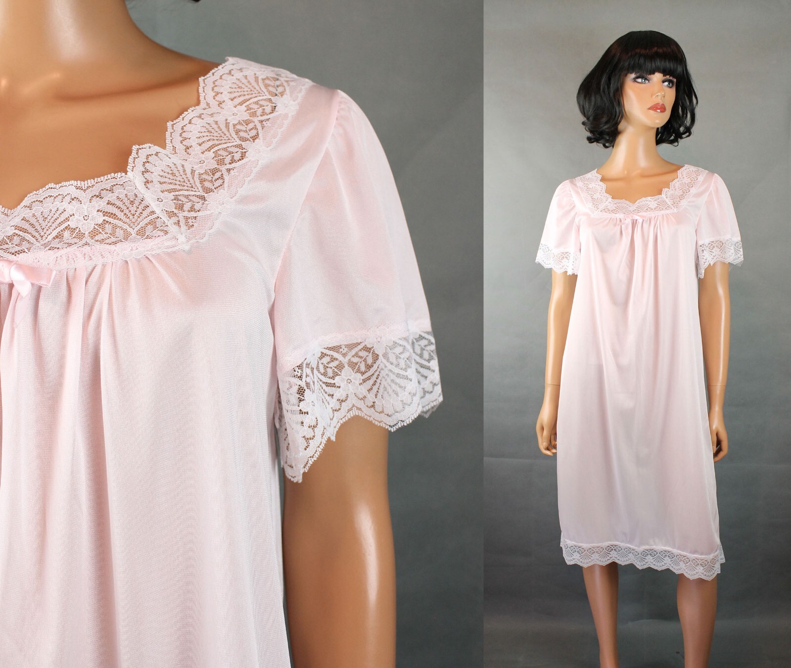Shortie Nightgown Sz S Vintage Spotlight Pale Pink Nylon White Lace Short Sleeve