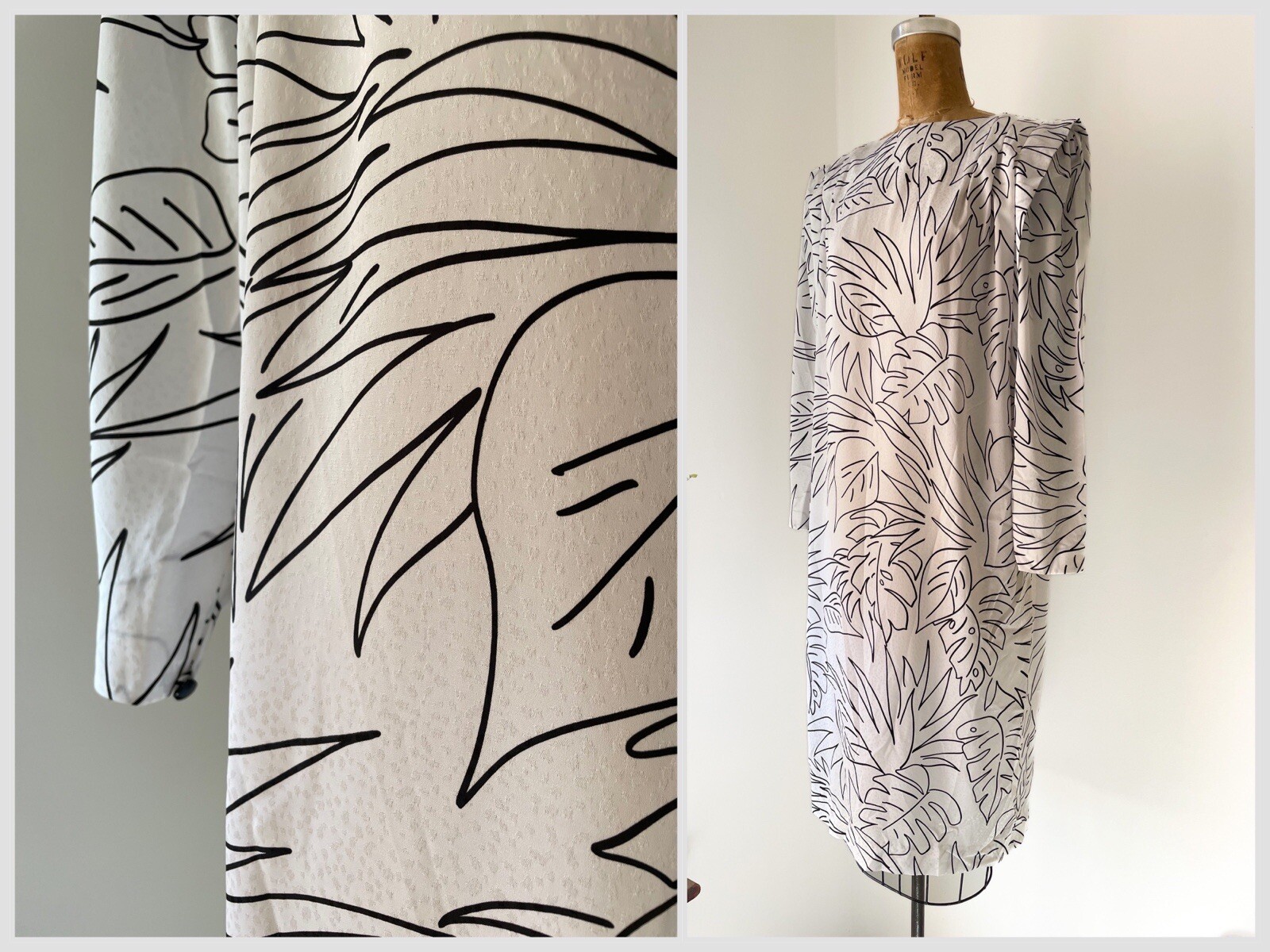 Vintage ‘80s Liz Claiborne Leaf Print Dress Silky Midi 1980s Dramatic Korea M