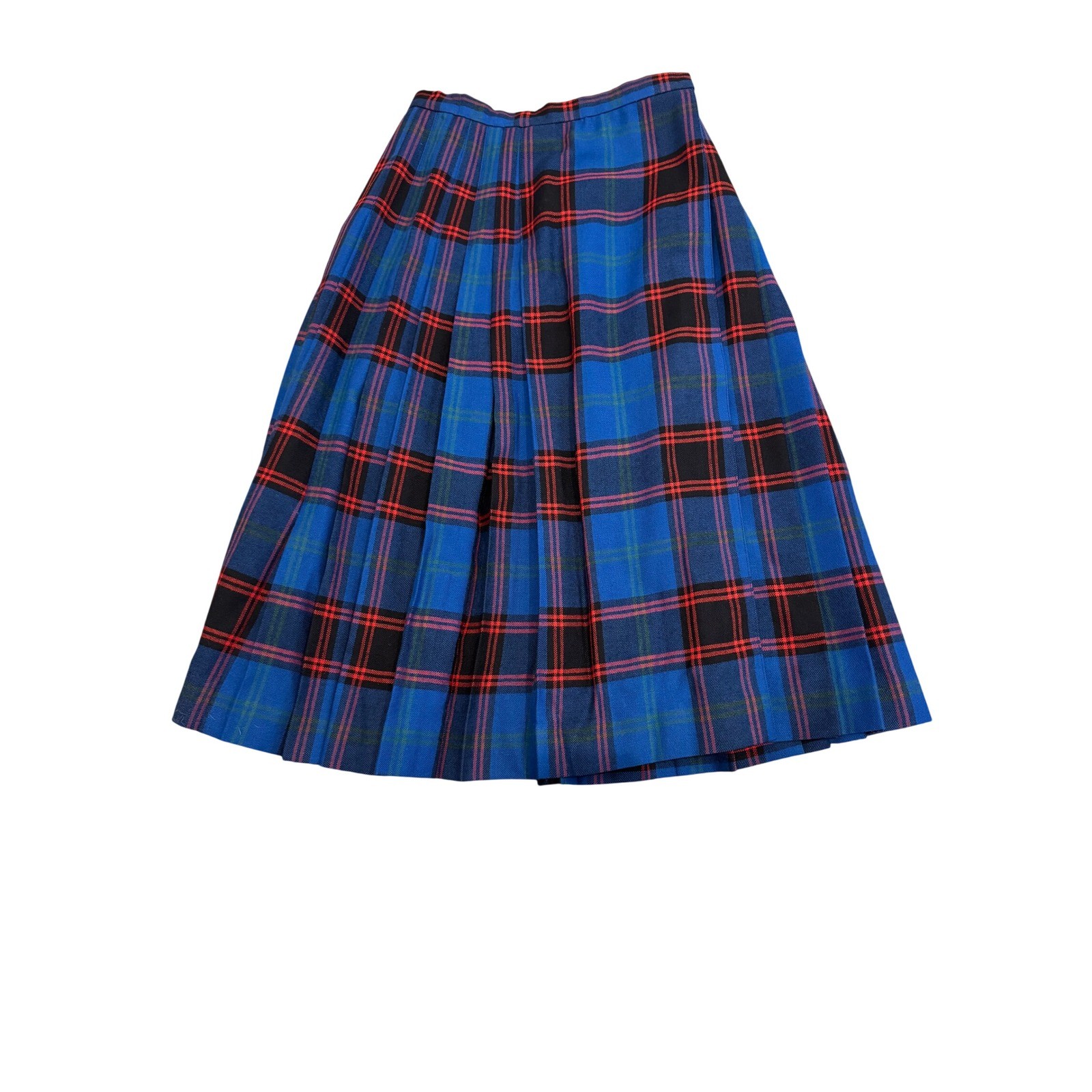 Vintage Ellen Tracy 100% Pure Wool Plaid Pleated Midi Skirt Blue Red Size 7/8