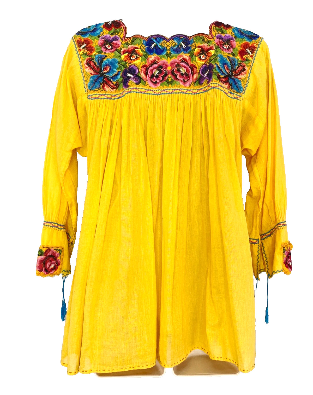 Vintage yellow floral embroidered tunic top long sleeves pink blue cotton boho