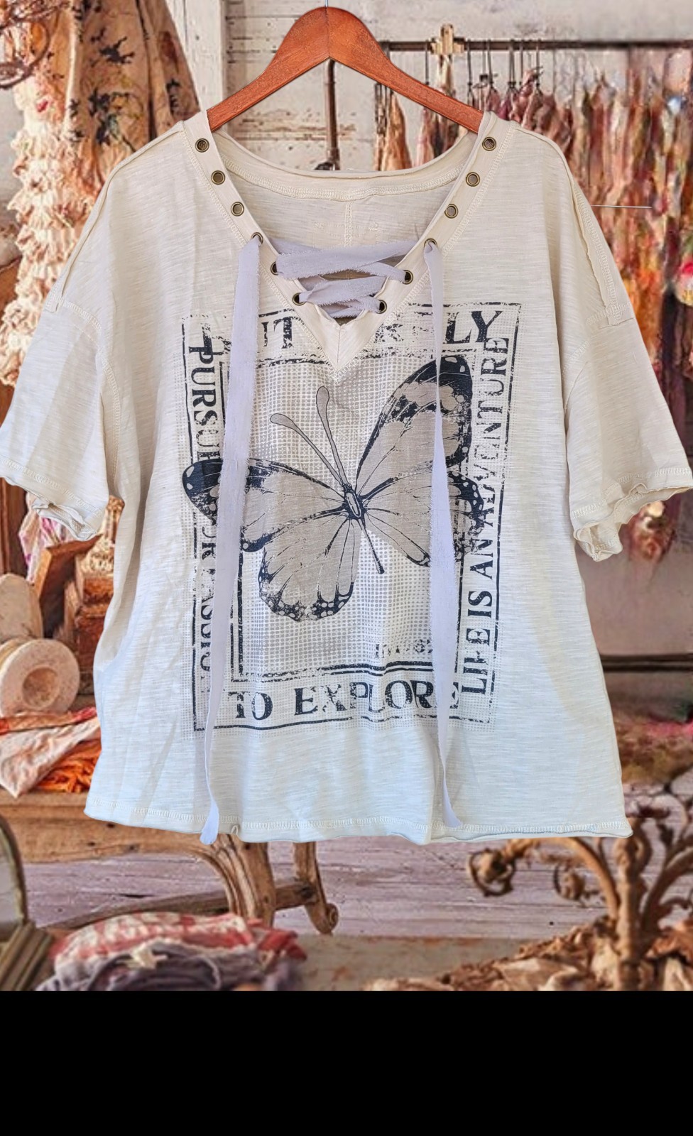 Free People Magnolia Style Cream Cotton hippie boho t-shirt top blouse shirt L