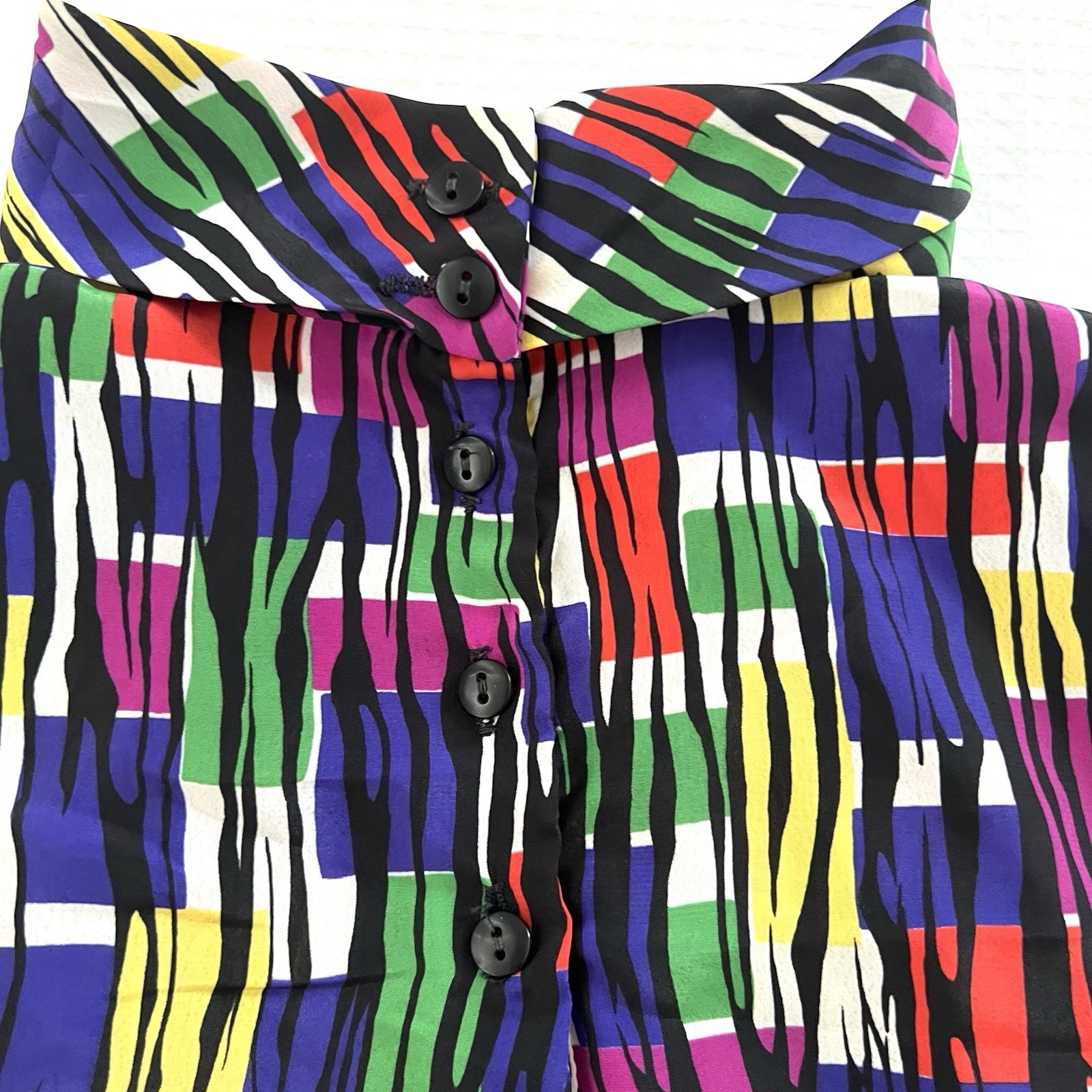 VTG 80s Anna Kriste Blouse Sz M/L High Neck Artsy Abstract Shoulder Pad USA Made