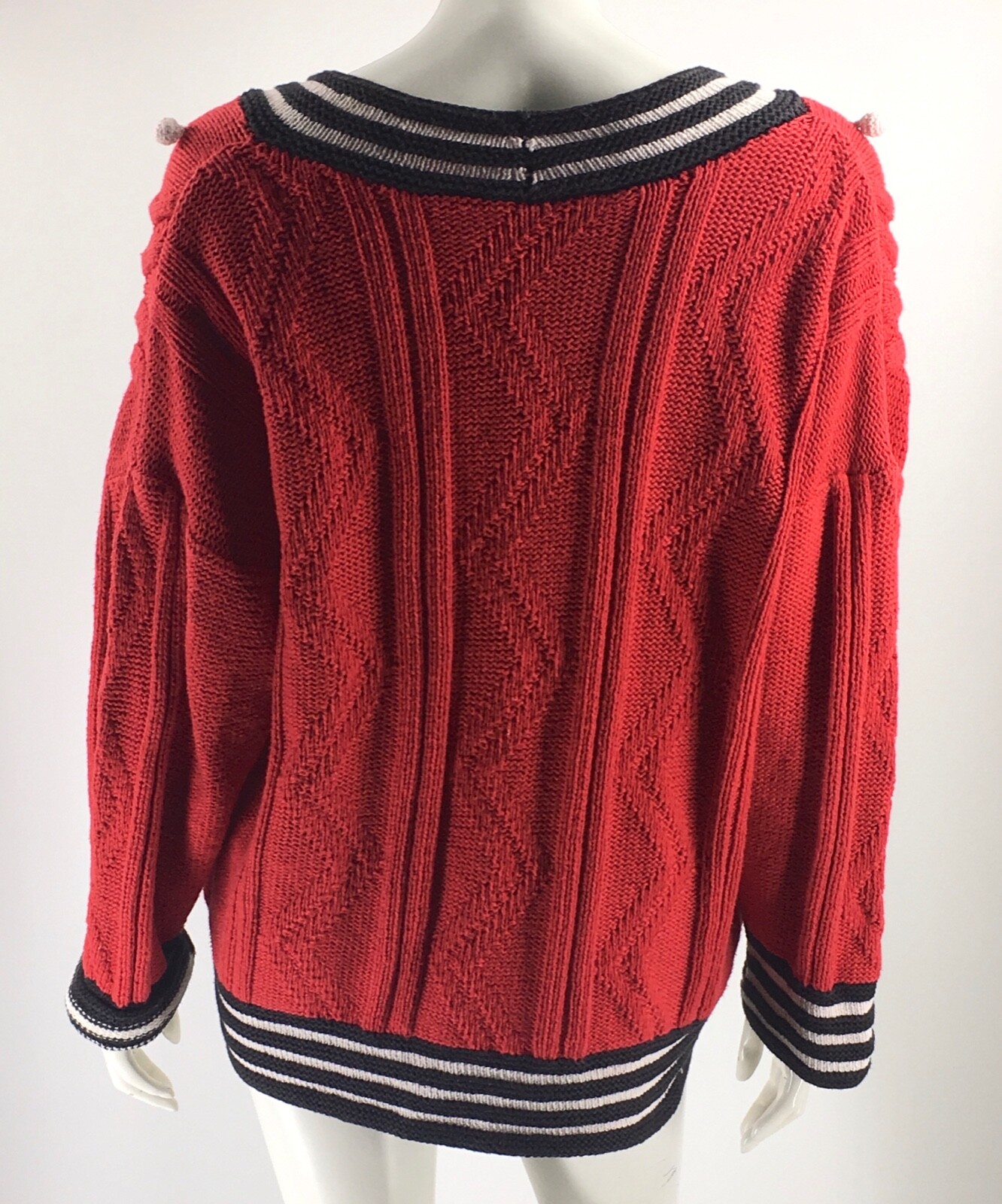 VTG 90s Anne Klein Sweater Sz Large Red White Black Pom Pom Oversize Cable Knit