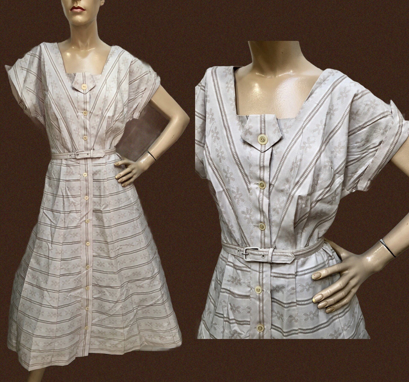 VTG 1950s DEADSTOCK wo/Tags Taupe JACQUARD SHIRTWAIST DRESS „Nadine Original”