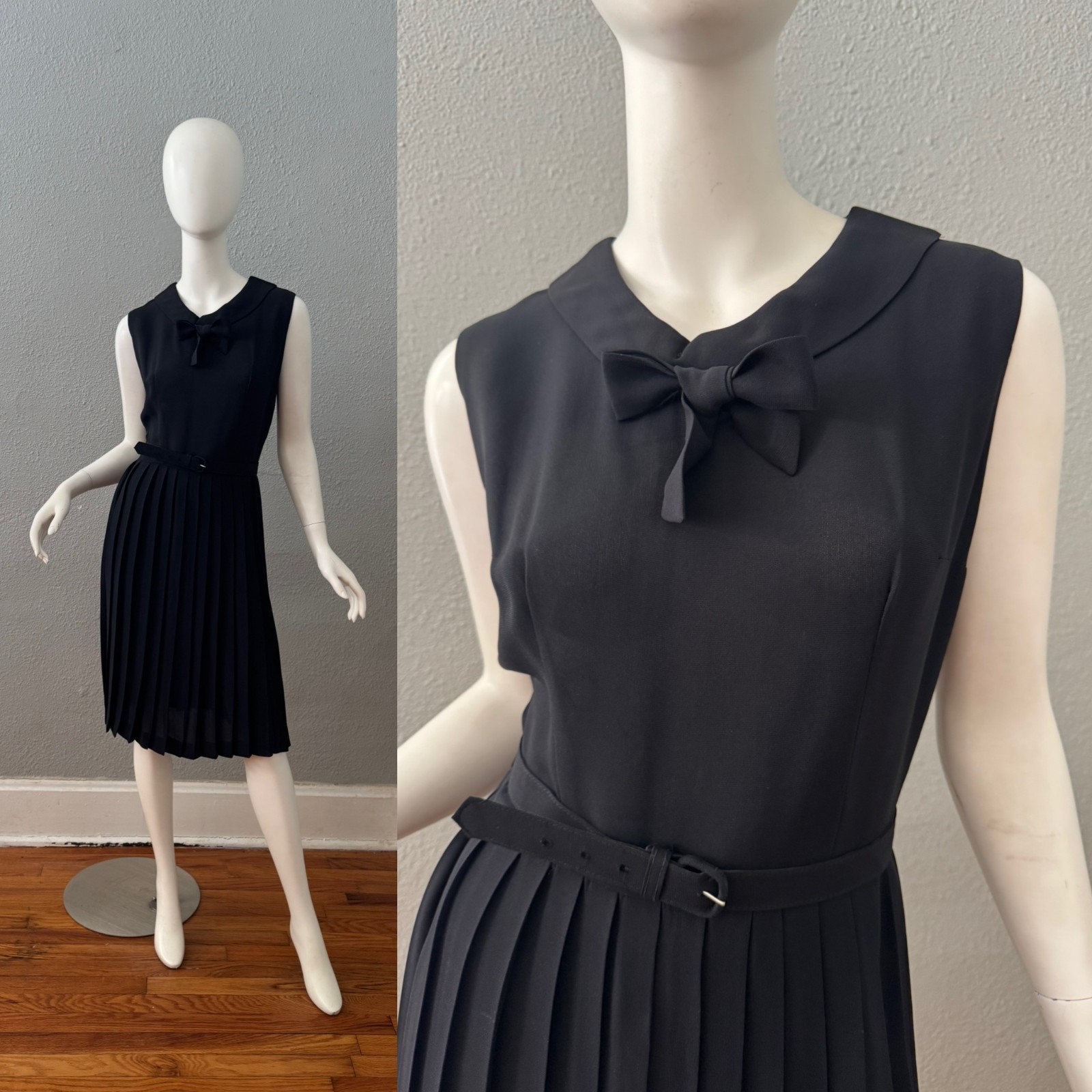 Vintage 50s Classic Retro GLAM Black Crepe Rayon Belt Pleated Dress M