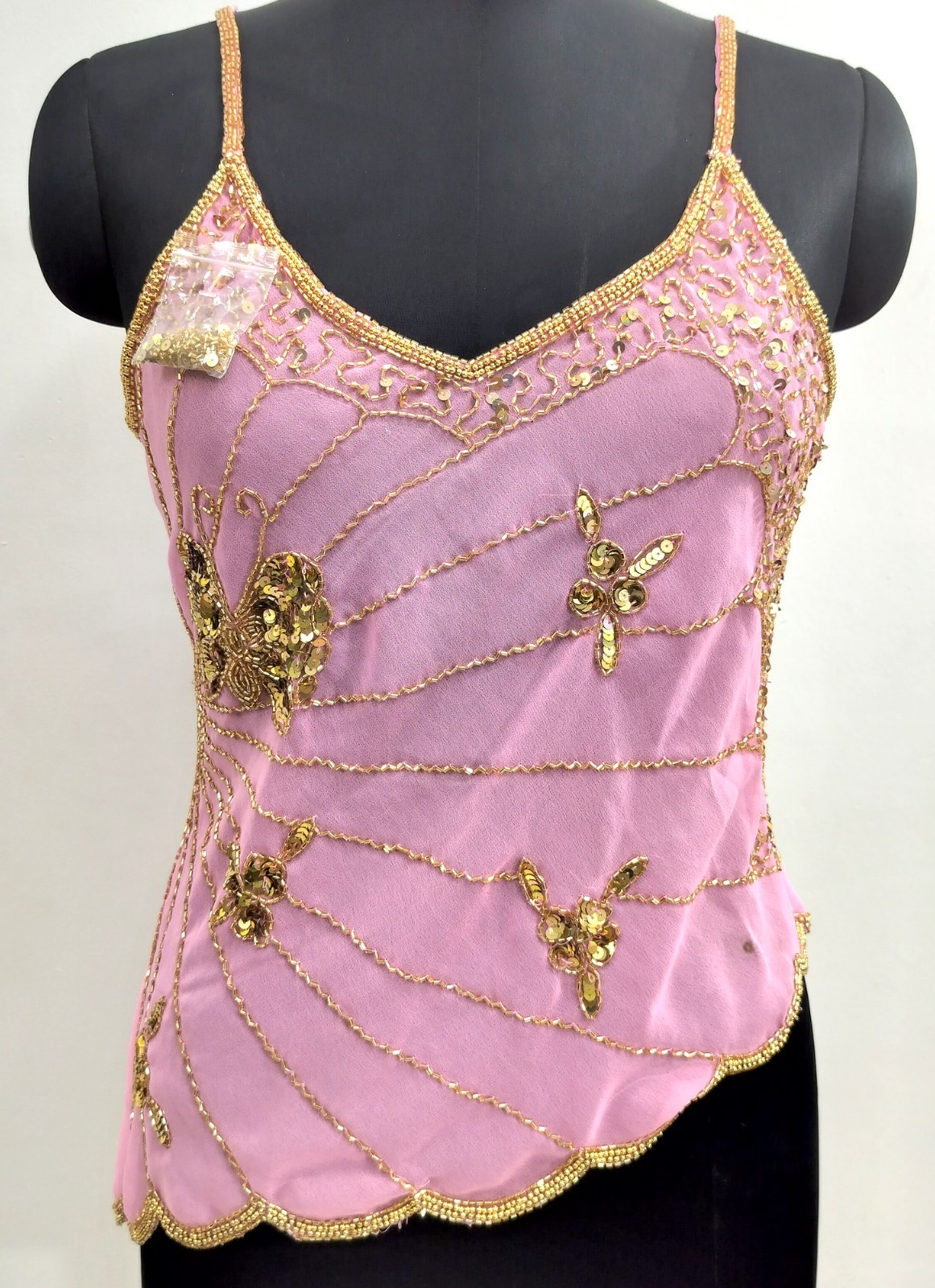 Lot 6 Vintage Y2K Golden Beaded Embroidery Costume Sequin Top Blouse Sheer Tunic