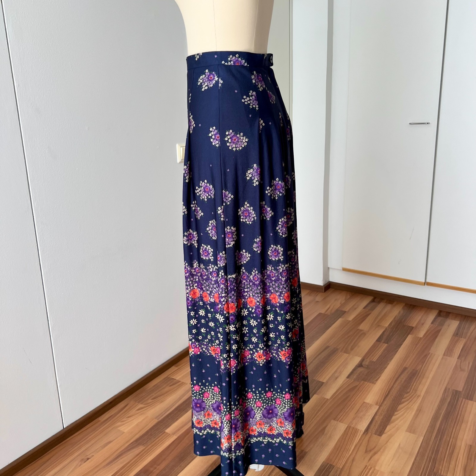 1970s Floral Pleated Maxi Skirt High Waist Boho Prairie Cottagecore Long Aline