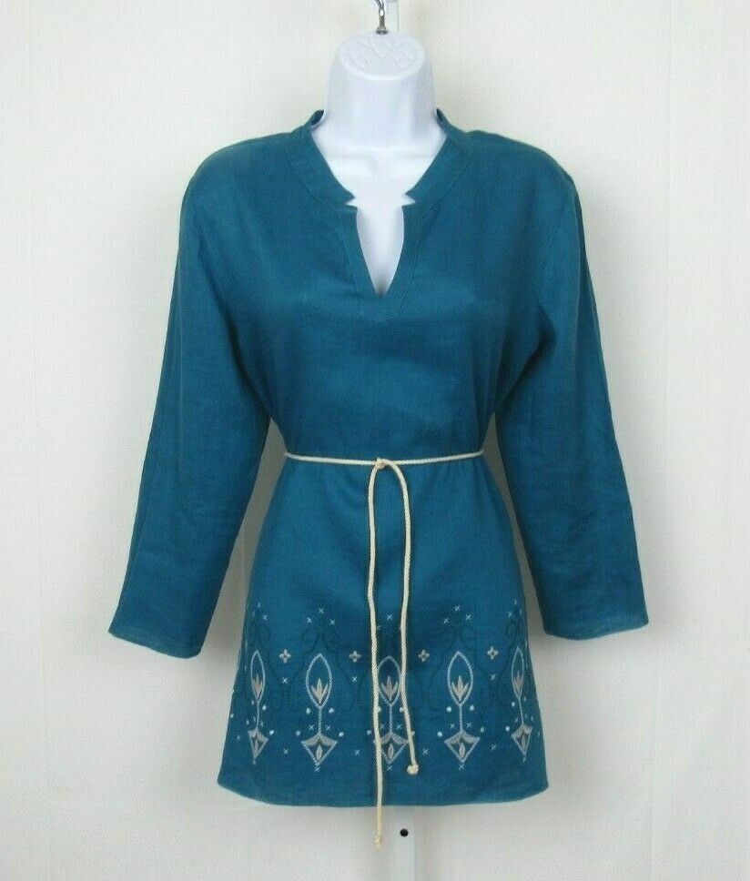 VTG 1980s DANA BUCHMAN TEAL EMBROIDERED LINEN SMOCK TOP & ROPE BELT SIZE 8