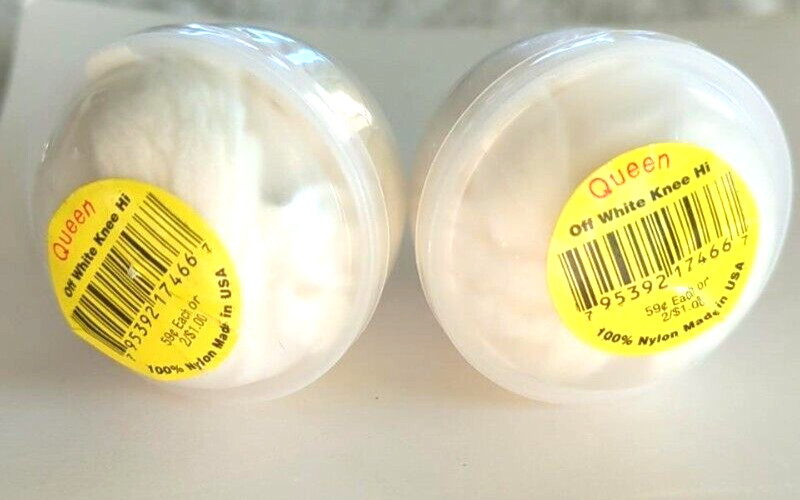 Vintage Queen Off White Knee-Hi Nylon Stockings In Plastic Containers Two Pairs