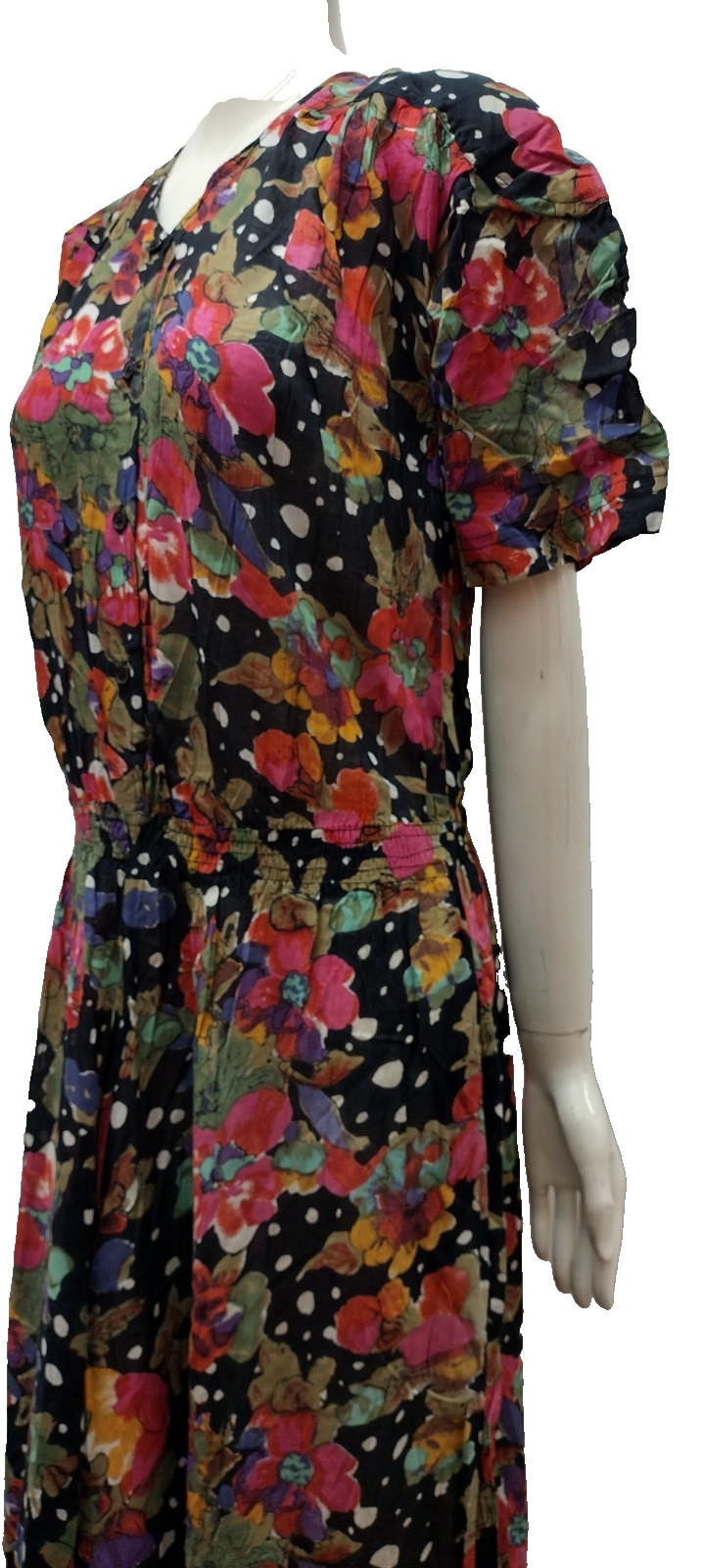 80s 90s White Polka Dress Fuchsia Floral Gauzy Cotton M BIG POCKETS EPIC SLEEVE