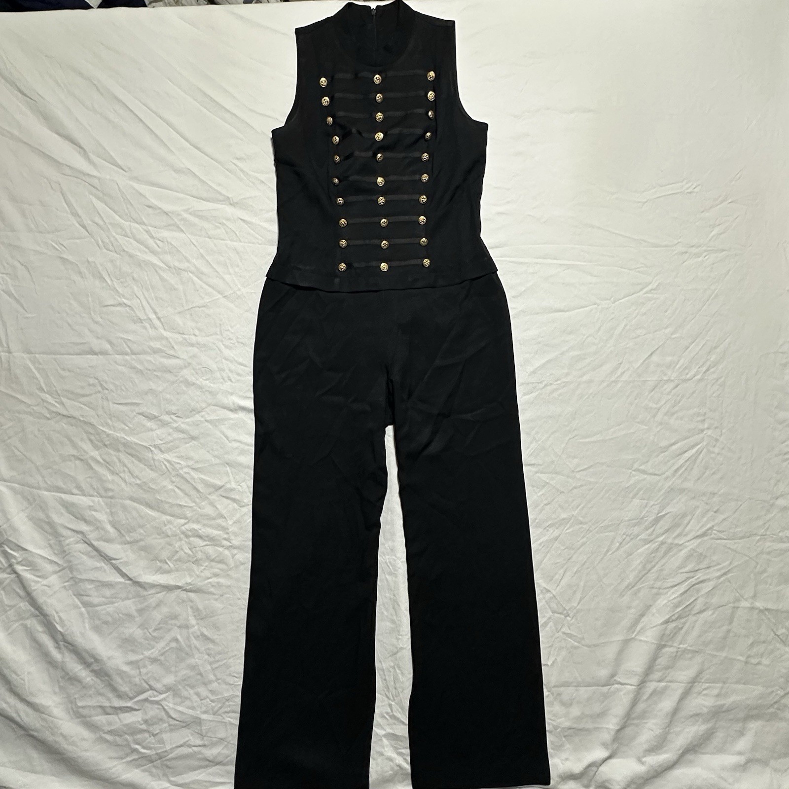 Lew Magram Vintage Black Sleeveless Military-Inspired Jumpsuit w/Gold Accents 6