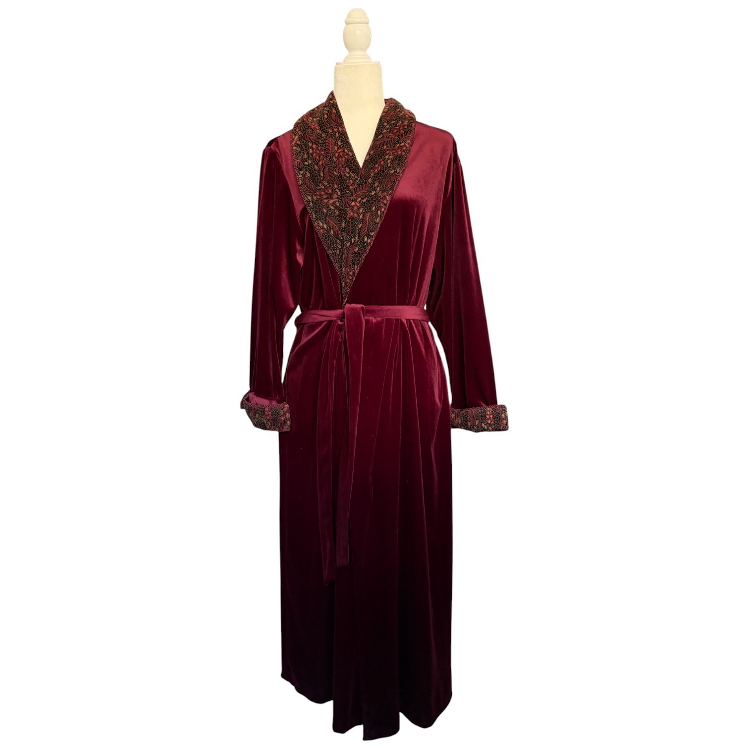 Vintage Kimberly Gale Long Velvet Burgundy Robe w/ Patterned Trim Women’s L