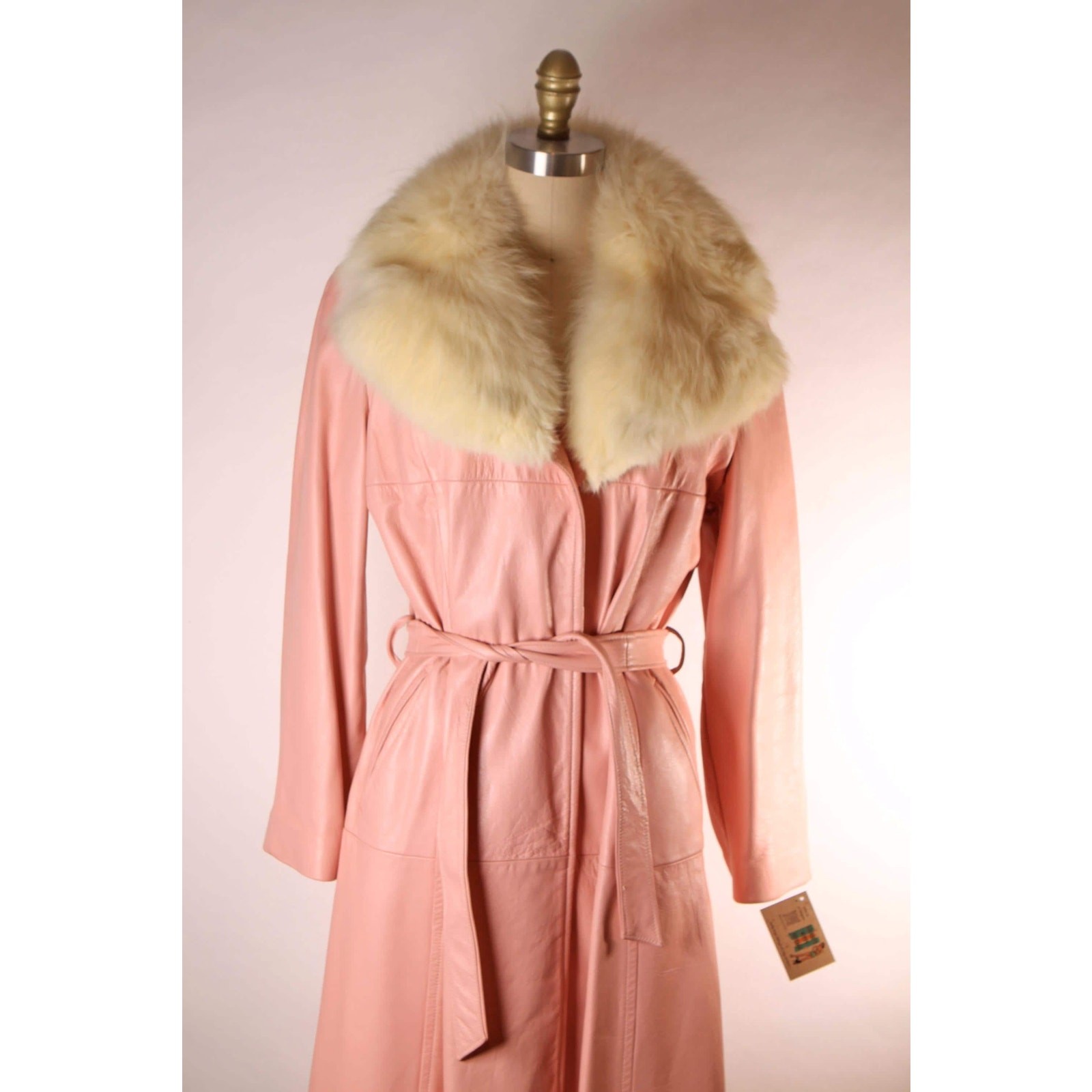 1970s Pink Leather Cream Fox Fur Trench Coat by New England Sportswear Company