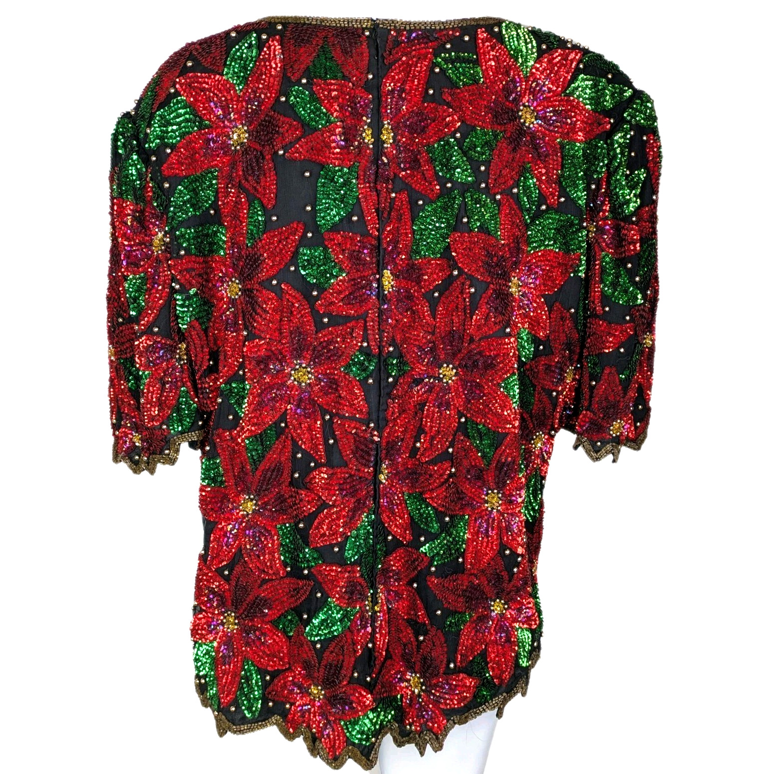 Vintage Laurence Kazar 3X Beaded Sequin Poinsettia Christmas Top Bling Evening