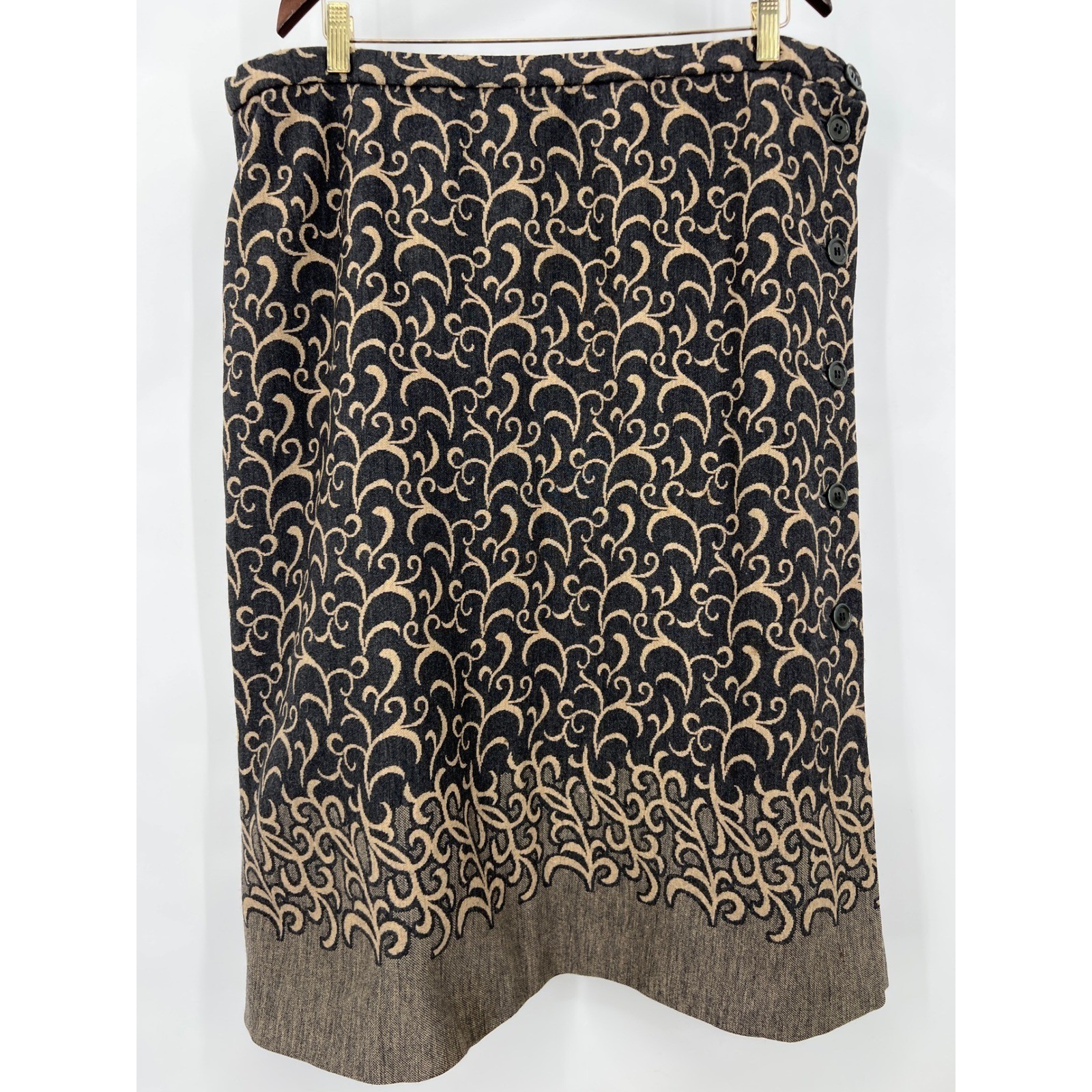 Vtg Bleyle XL Knit Midi Skirt Gray Tan Scroll Filigree Damask USA Grannycore